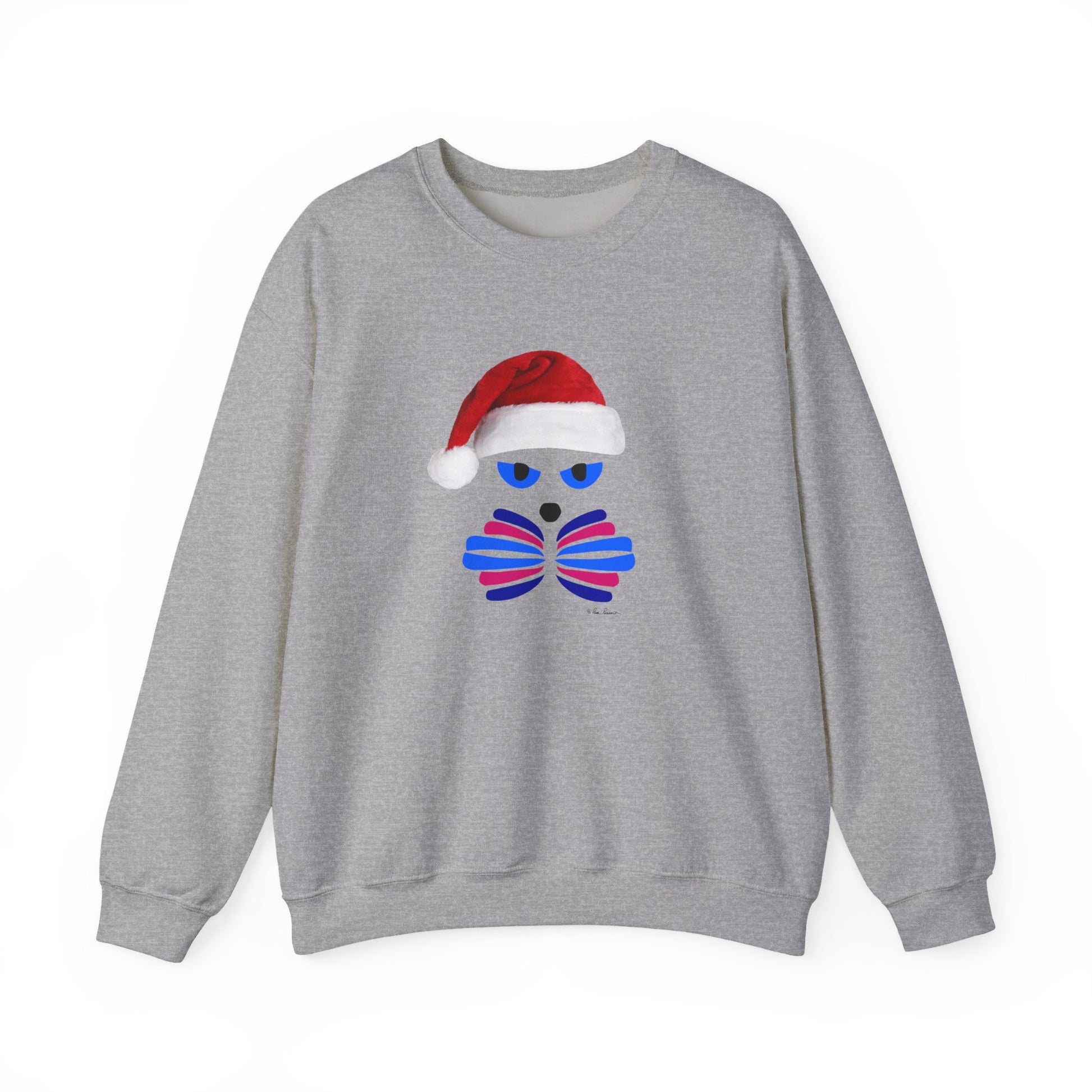 The Santa Cat Sweatshirt by Printify is a unisex gray crewneck featuring a festive graphic of a stylized face with blue and pink accents and a red Santa hat, perfect as a Christmas pullover.