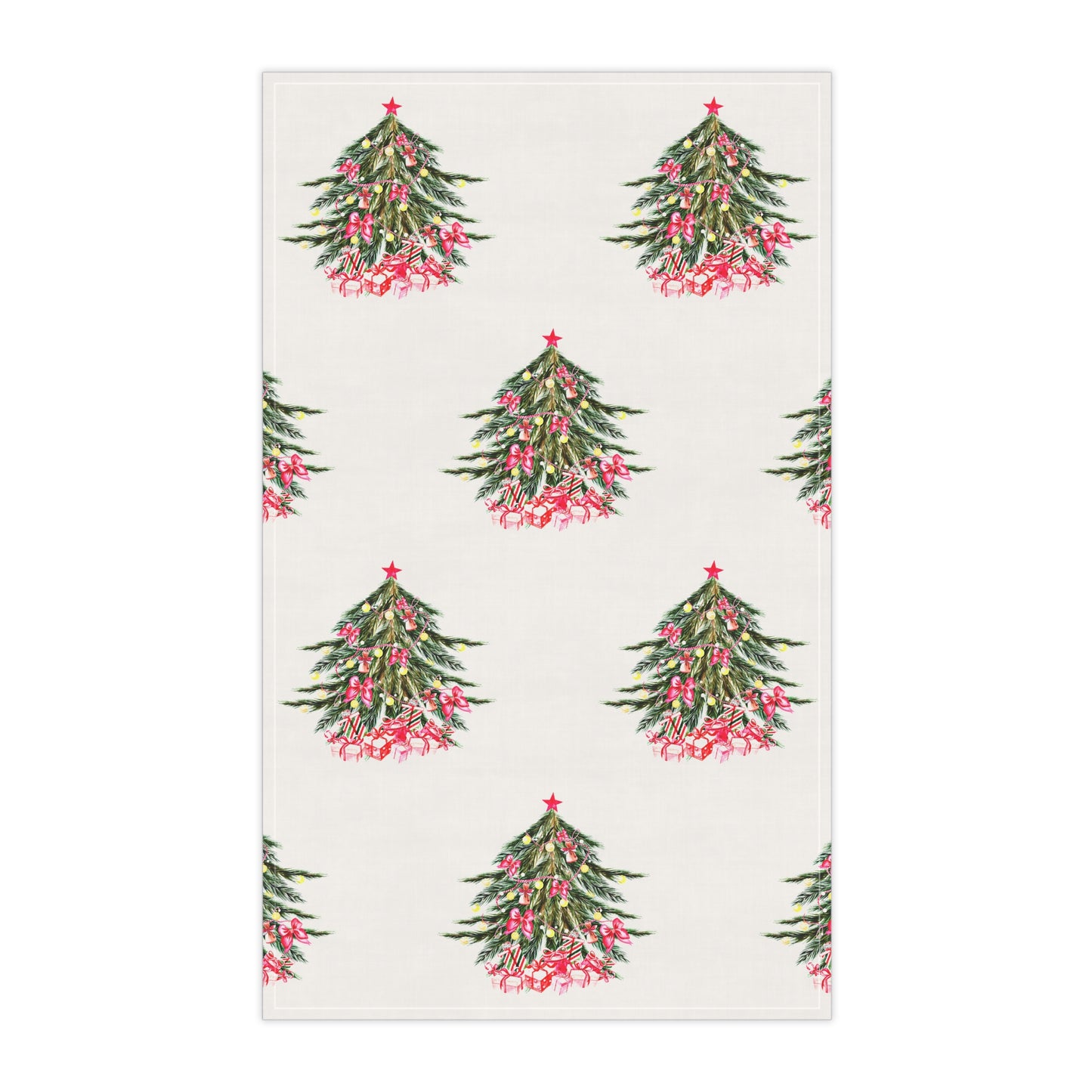 This festive design presents a lively array of colors featuring Christmas trees decorated with red ornaments and stars against a white backdrop, ideal for infusing your holiday season with cheer. Perfectly suited for the Christmas-Tree Kitchen Towels by Printify, measuring 18" x 30", it adds seasonal joy to any kitchen environment.