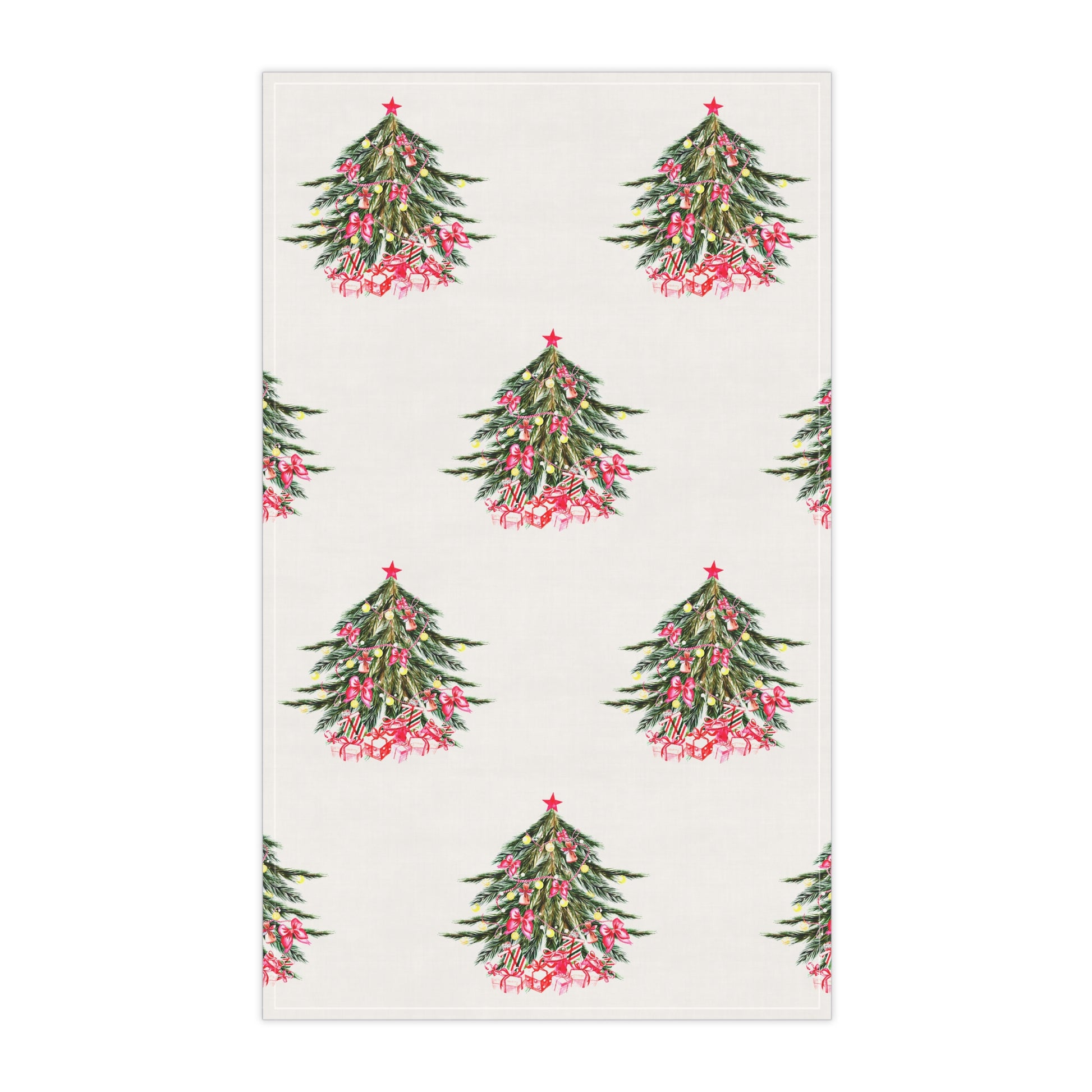 This festive design presents a lively array of colors featuring Christmas trees decorated with red ornaments and stars against a white backdrop, ideal for infusing your holiday season with cheer. Perfectly suited for the Christmas-Tree Kitchen Towels by Printify, measuring 18" x 30", it adds seasonal joy to any kitchen environment.