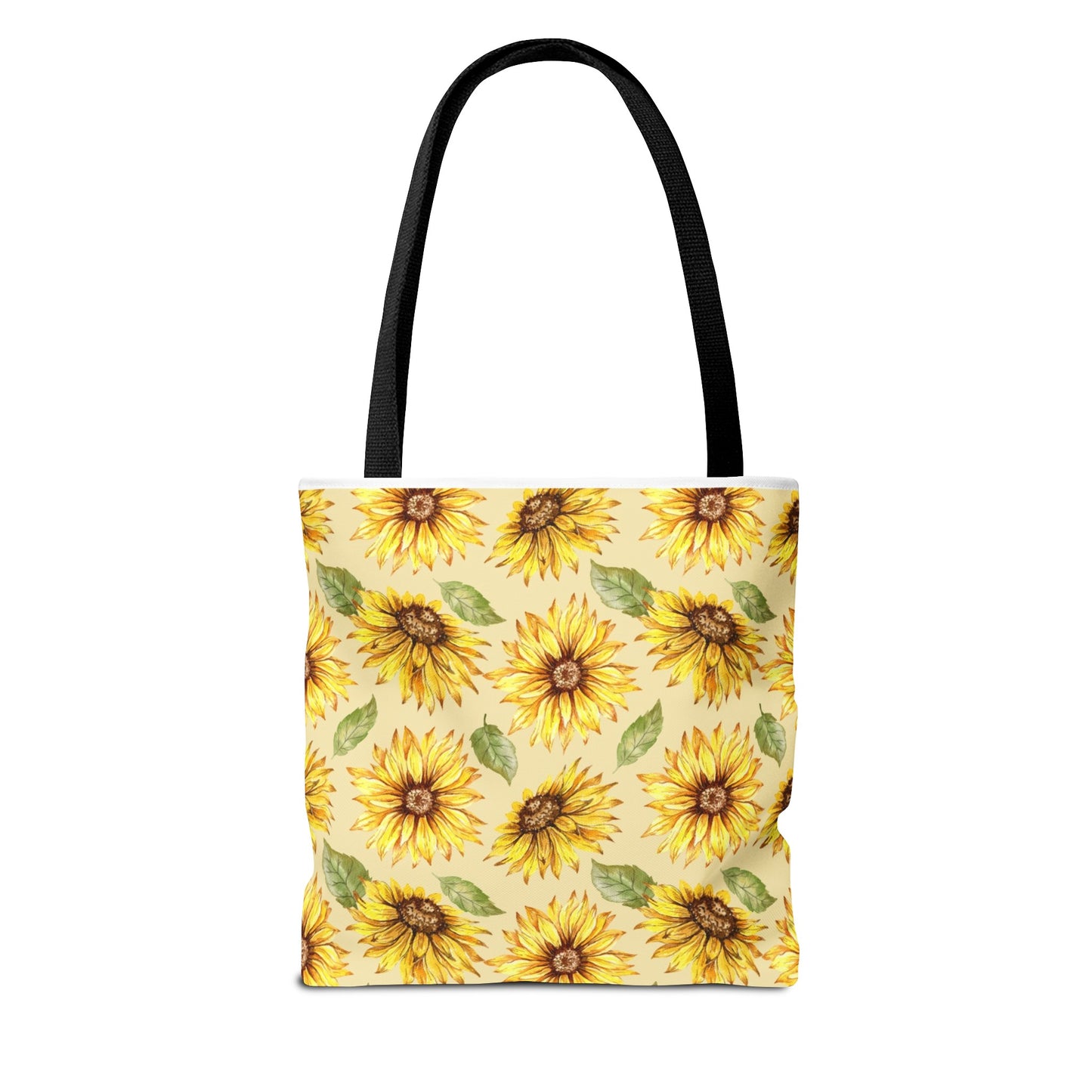A Printify polyester tote bag with a Yellow Floral Sunflower print on a white background.