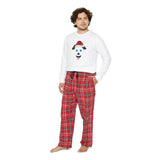 A man wearing a Printify Men's Long-Sleeve Pajama Set and a Santa hat made from 100% cotton.