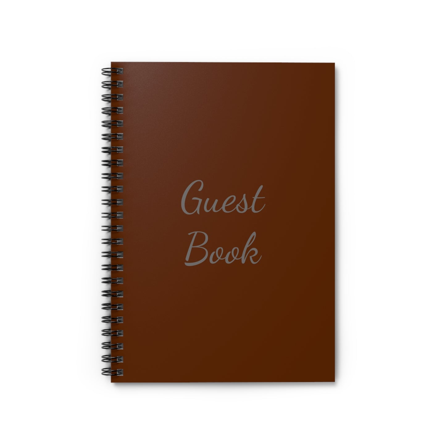 A brown Printify Unisex Spiral-bound Guest Book: 6" x 8"; 118 Ruled Lines on a white background, American made.