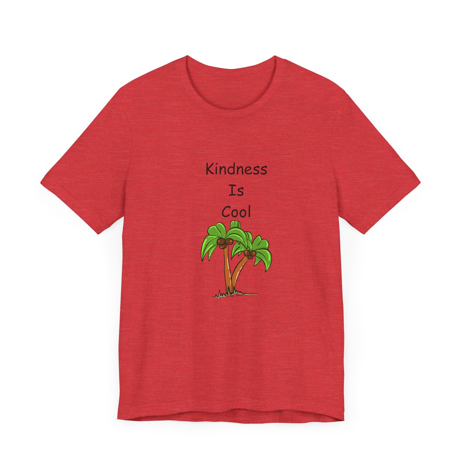 A Unisex Kindness-Is-Cool T-shirt in red, featuring the text "Kindness-Is-Cool" above an illustration of two palm trees, made from soft cotton jersey by Bella+Canvas and available through Printify.