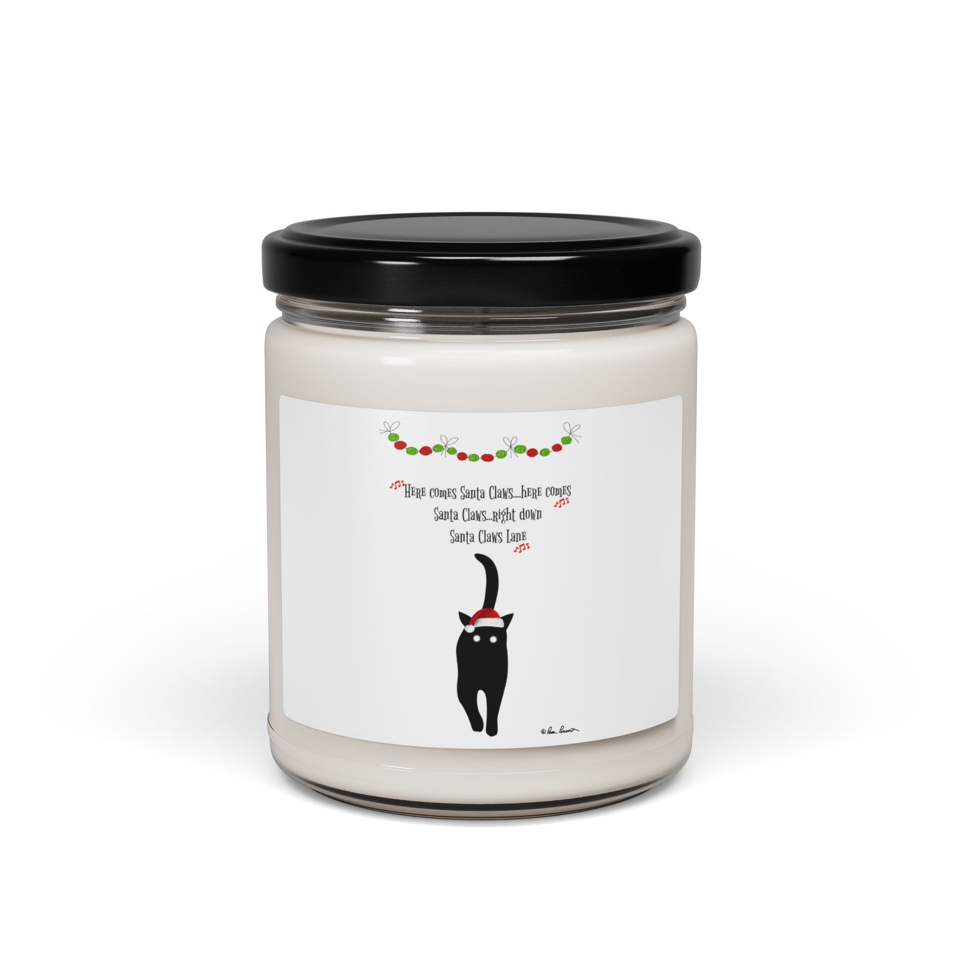The Festive-Cat Scented Soy Candle by Printify is a 9oz eco-friendly soy candle in a glass jar with a black lid, featuring a minimalist black cat in a Santa hat and holiday quote—perfect for festive home decor.