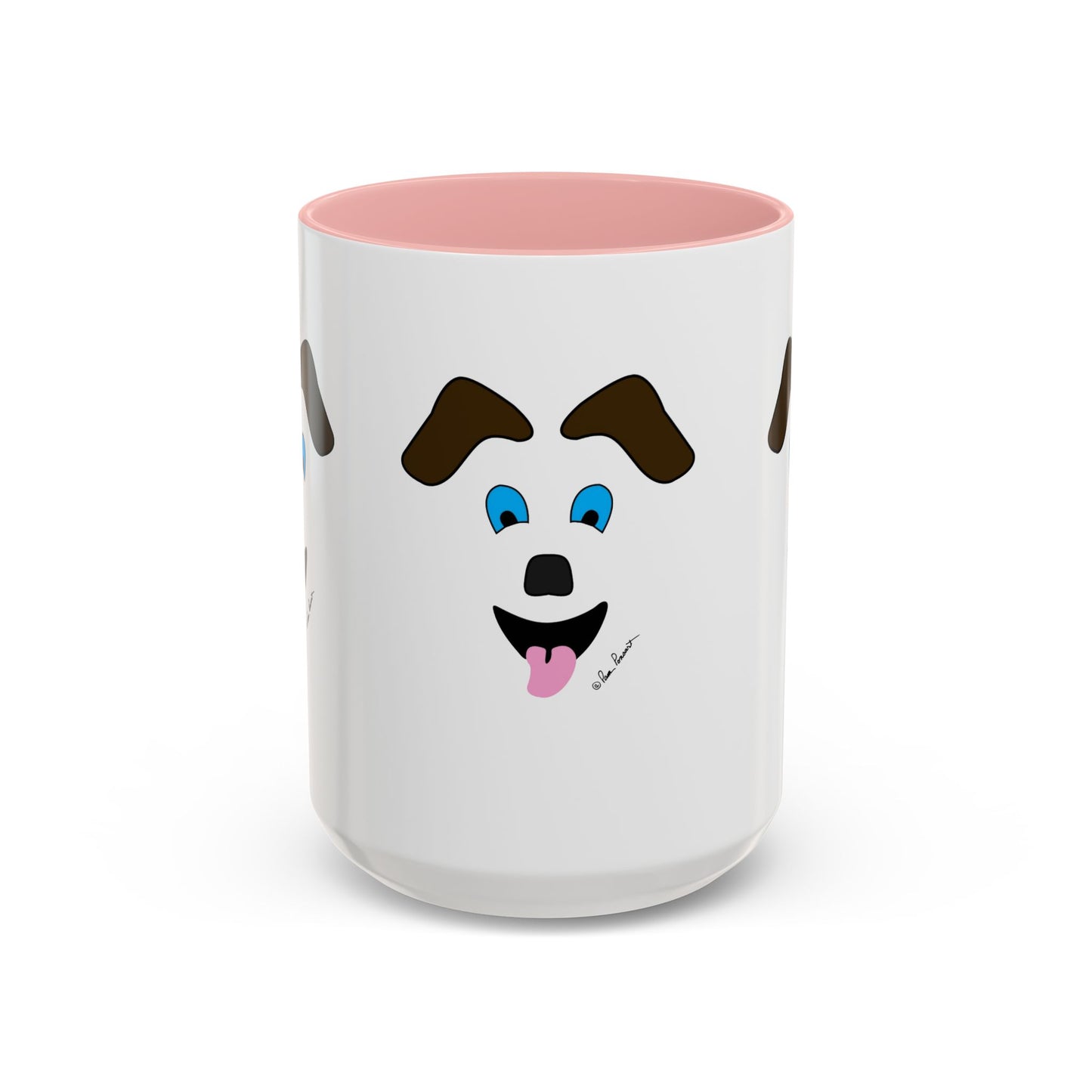 Printify’s Playful Dog-Face Coffee Mug: Ceramic mug with a pink interior, cartoon dog face, blue eyes, brown eyebrows, and tongue out—fun gift for pet lovers.