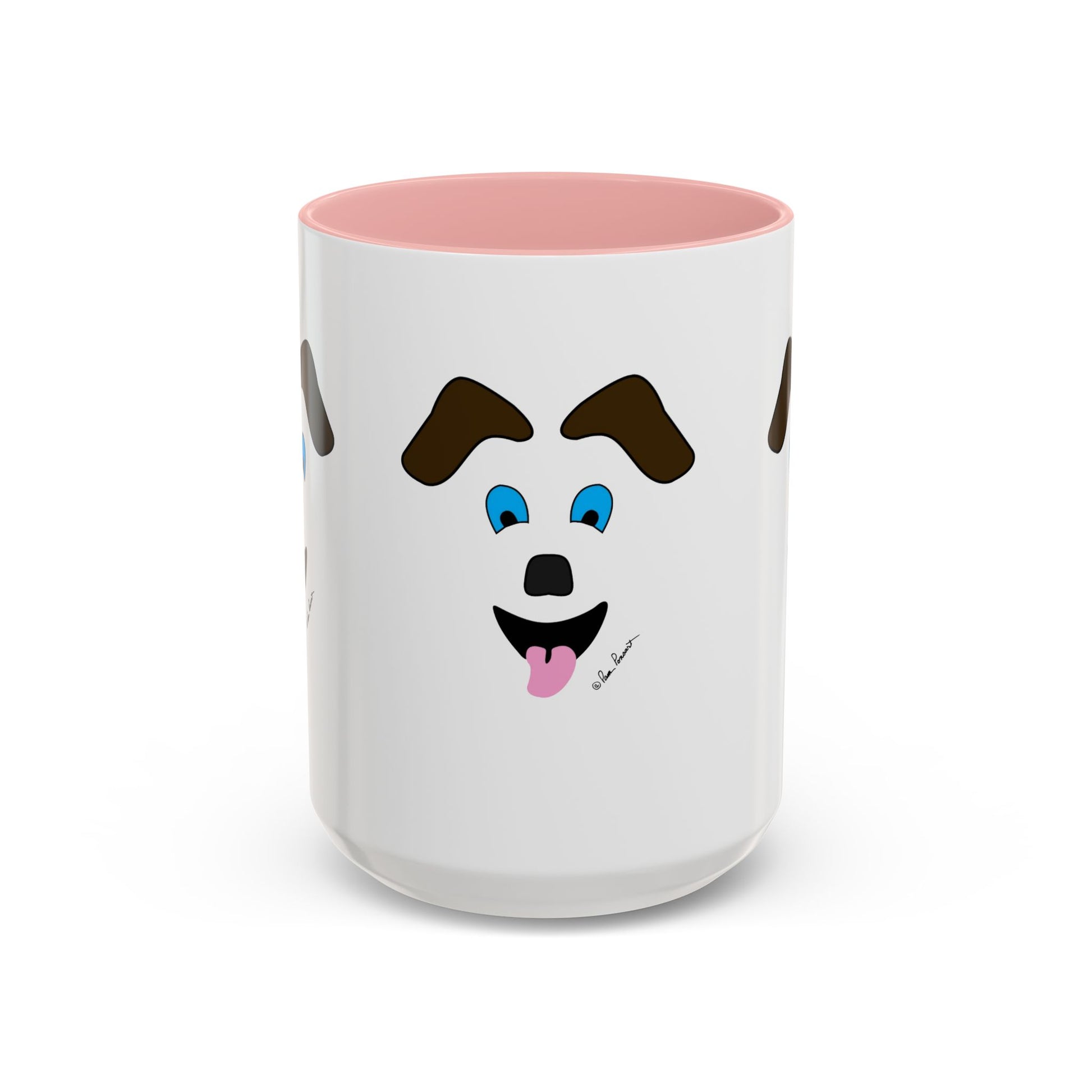 Printify’s Playful Dog-Face Coffee Mug: Ceramic mug with a pink interior, cartoon dog face, blue eyes, brown eyebrows, and tongue out—fun gift for pet lovers.