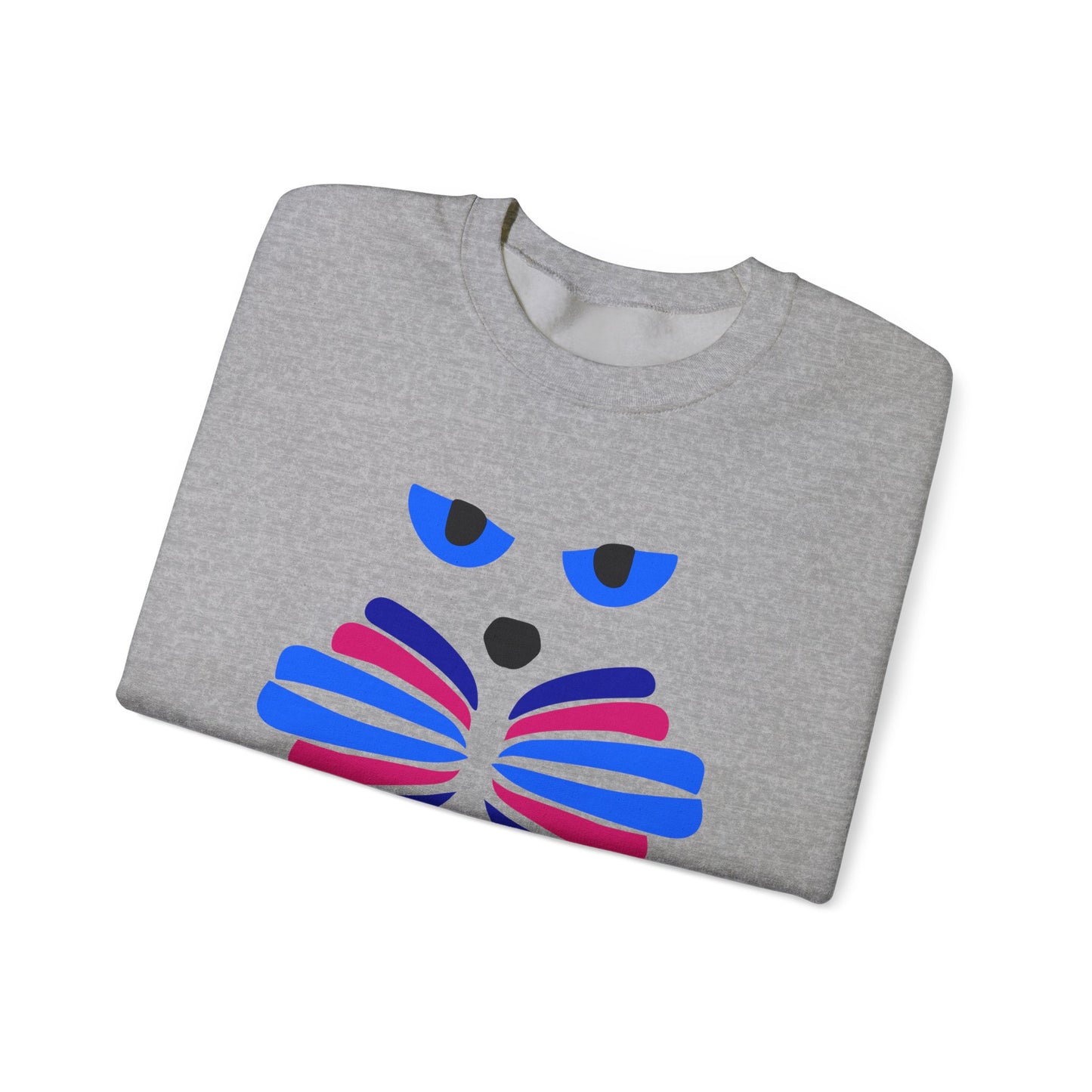 The Whimsical Cat Graphic Sweatshirt by Printify is a cozy unisex crewneck featuring blue-eyed cats and artistic blue and pink geometric shapes on the front.