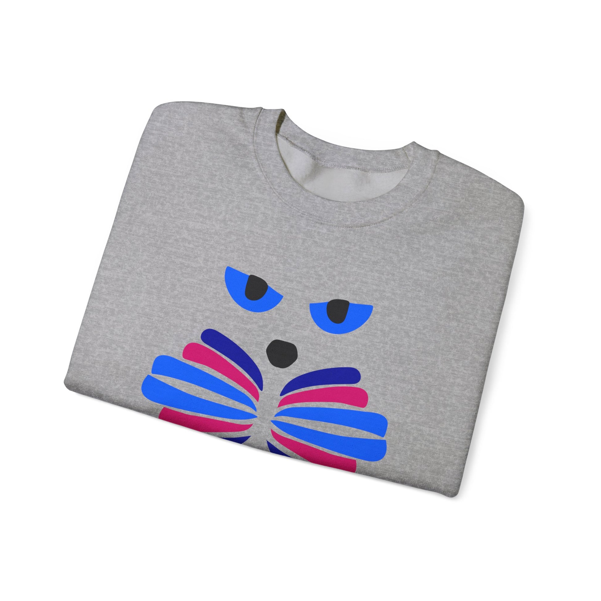 The Whimsical Cat Graphic Sweatshirt by Printify is a cozy unisex crewneck featuring blue-eyed cats and artistic blue and pink geometric shapes on the front.