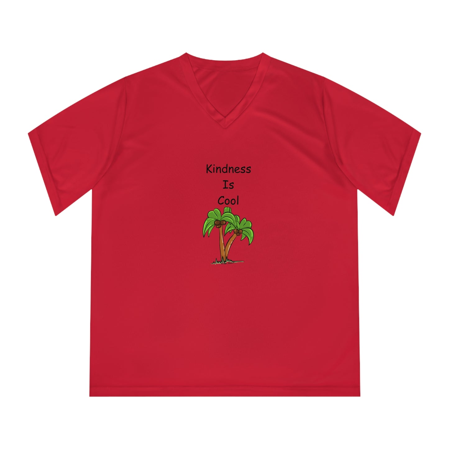 The Printify Women's Kindness-Is-Cool T-shirt by Team 365 features a red V-neck design with the phrase "Kindness Is Cool" above a small graphic of two palm trees. Made from moisture-wicking polyester, it also offers UV 40+ protection for both comfort and safety.