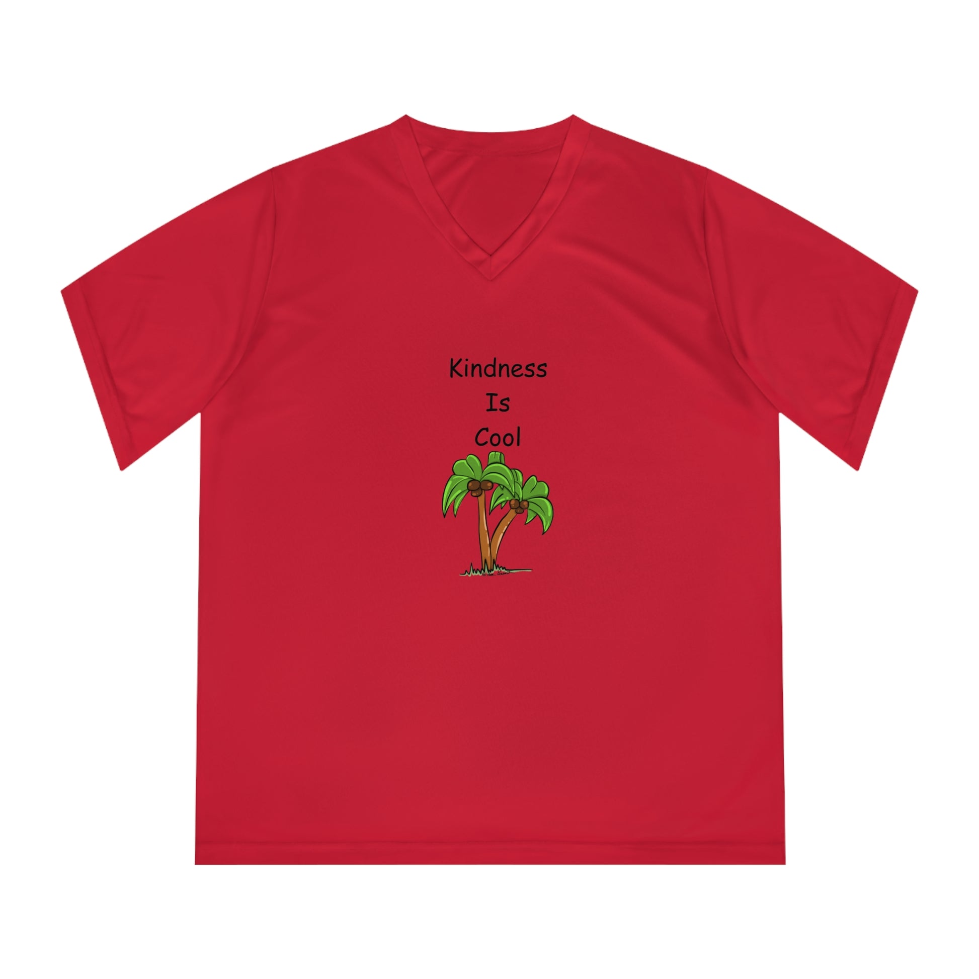 The Printify Women's Kindness-Is-Cool T-shirt by Team 365 features a red V-neck design with the phrase "Kindness Is Cool" above a small graphic of two palm trees. Made from moisture-wicking polyester, it also offers UV 40+ protection for both comfort and safety.