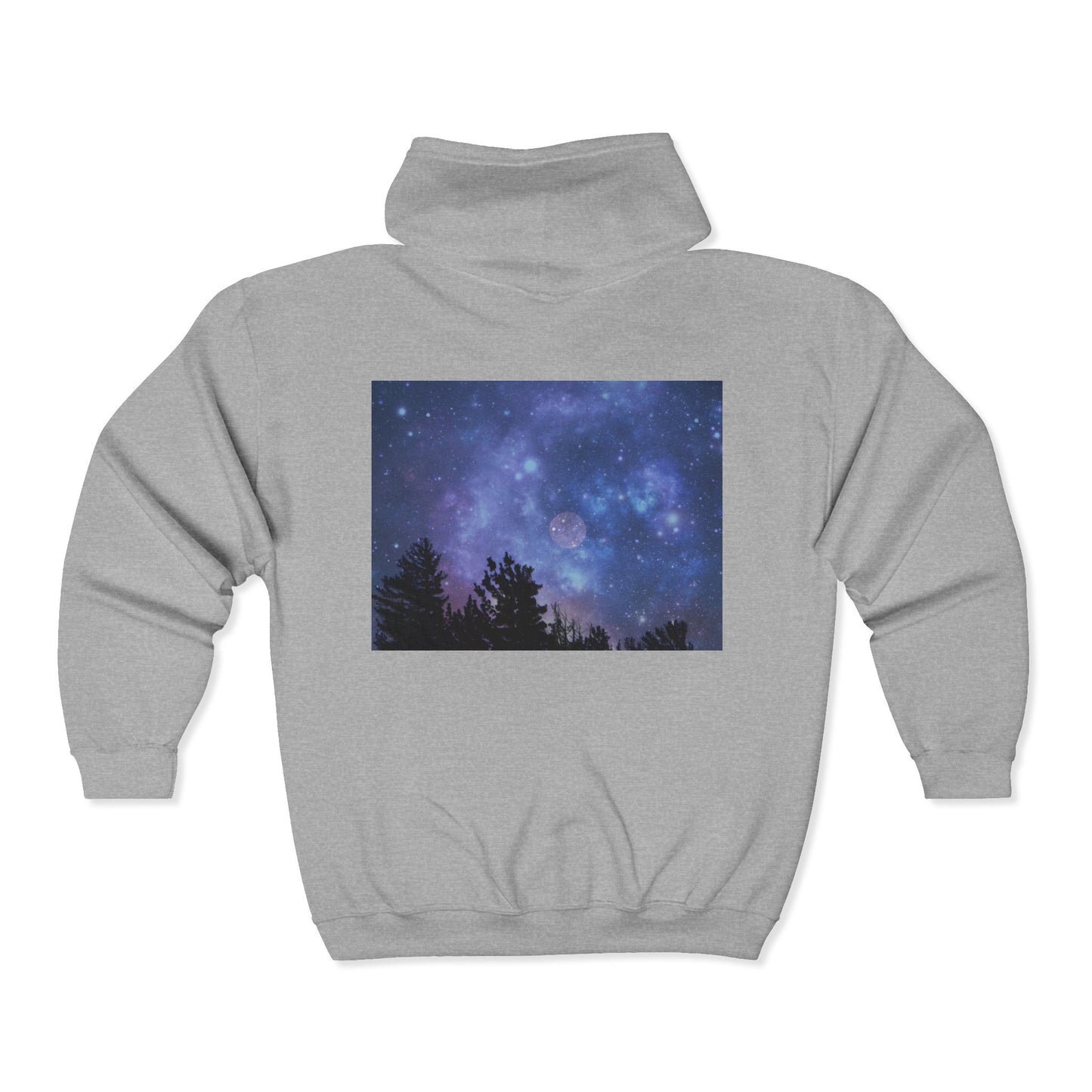 Stay cozy in the Printify Galaxy Night-Sky Zip Hoodie, a unisex gray hoodie with a rectangular back print of a starry forest, full moon, and silhouetted trees under the night sky.