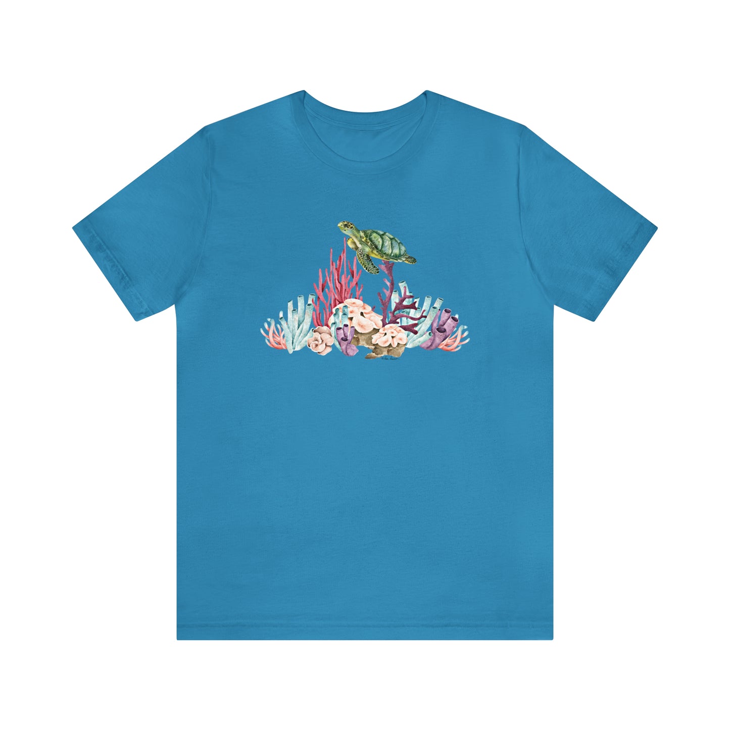 Flat front view of the aqua shirt