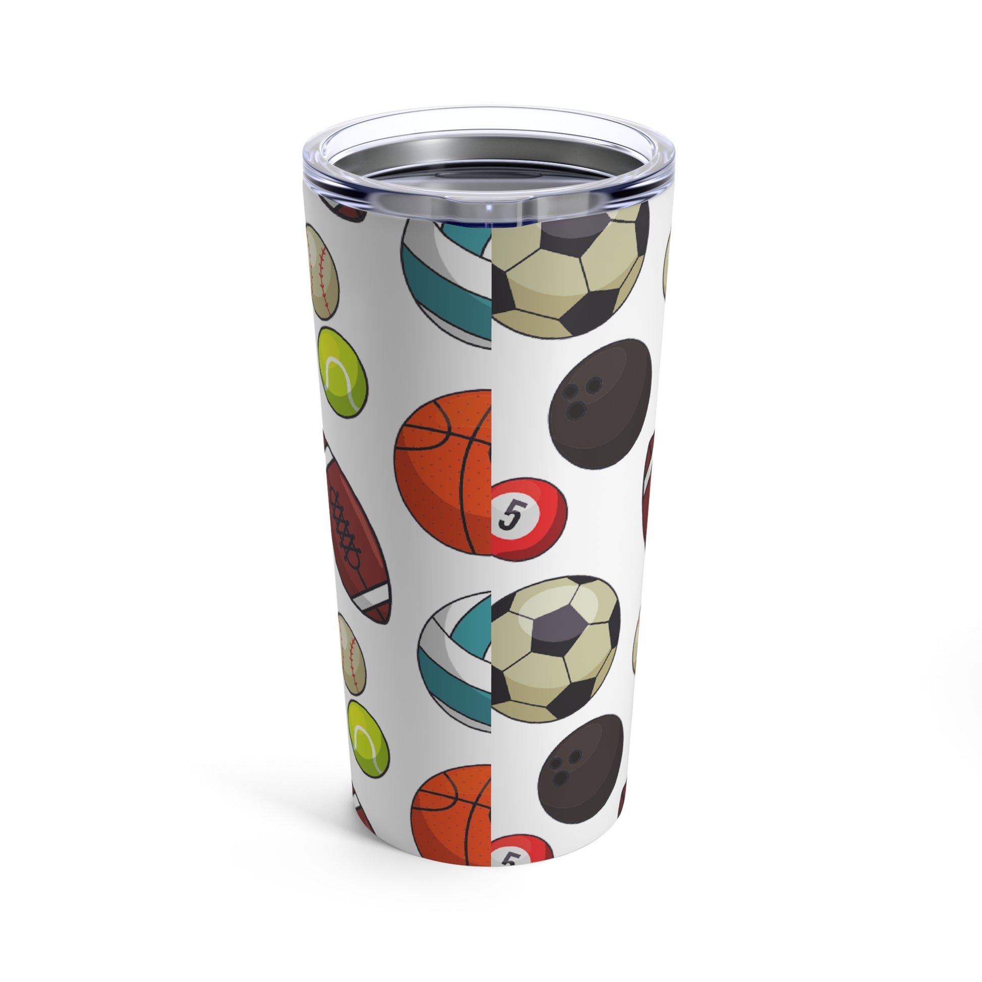 A Printify Sport Balls Tumbler with different sports balls on it; 20 oz.; Stainless Steel; Insulated and dishwasher-safe.