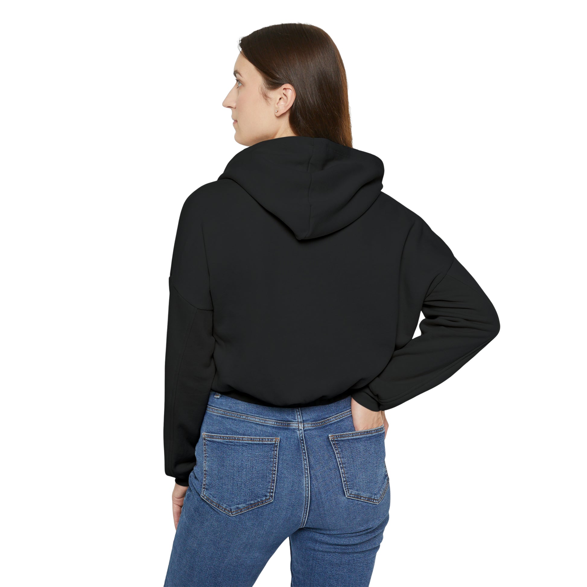 The back view of a woman wearing a black Bella + Canvas women's cinched-bottom hoodie and jeans from Printify.