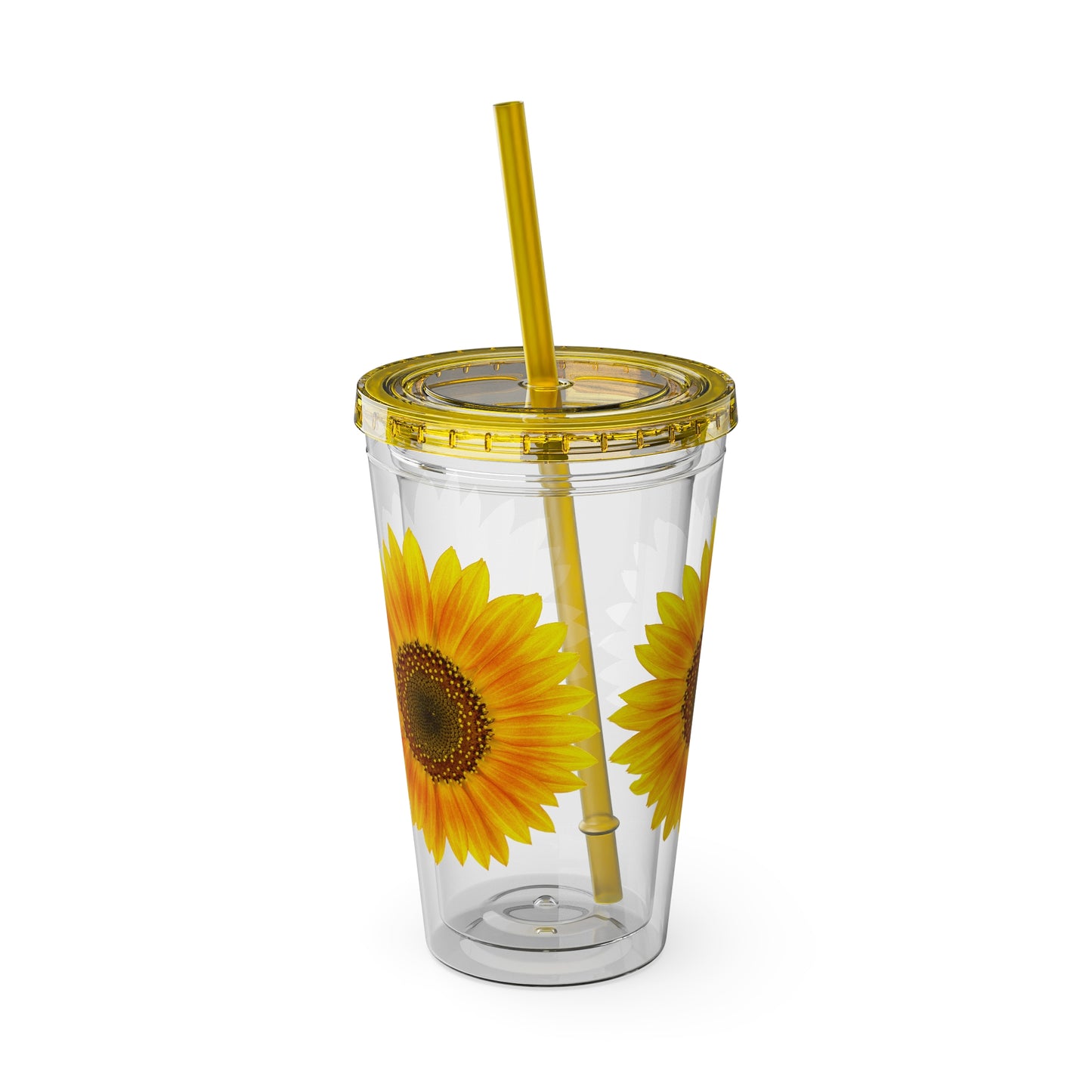 A Printify Golden Sunflower Tumbler: 16 oz.; With straw & lid; BPA-free acrylic.