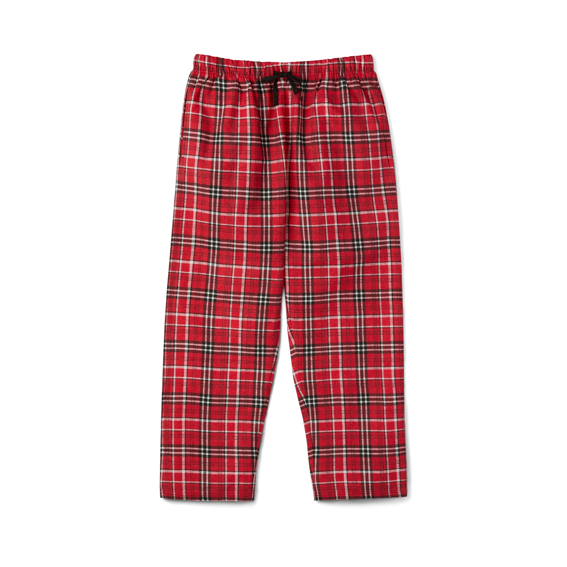 These Printify Men's Long-Sleeve Pajama-Set in red and black plaid are made from 100% cotton, perfect for lounging around in comfort.
