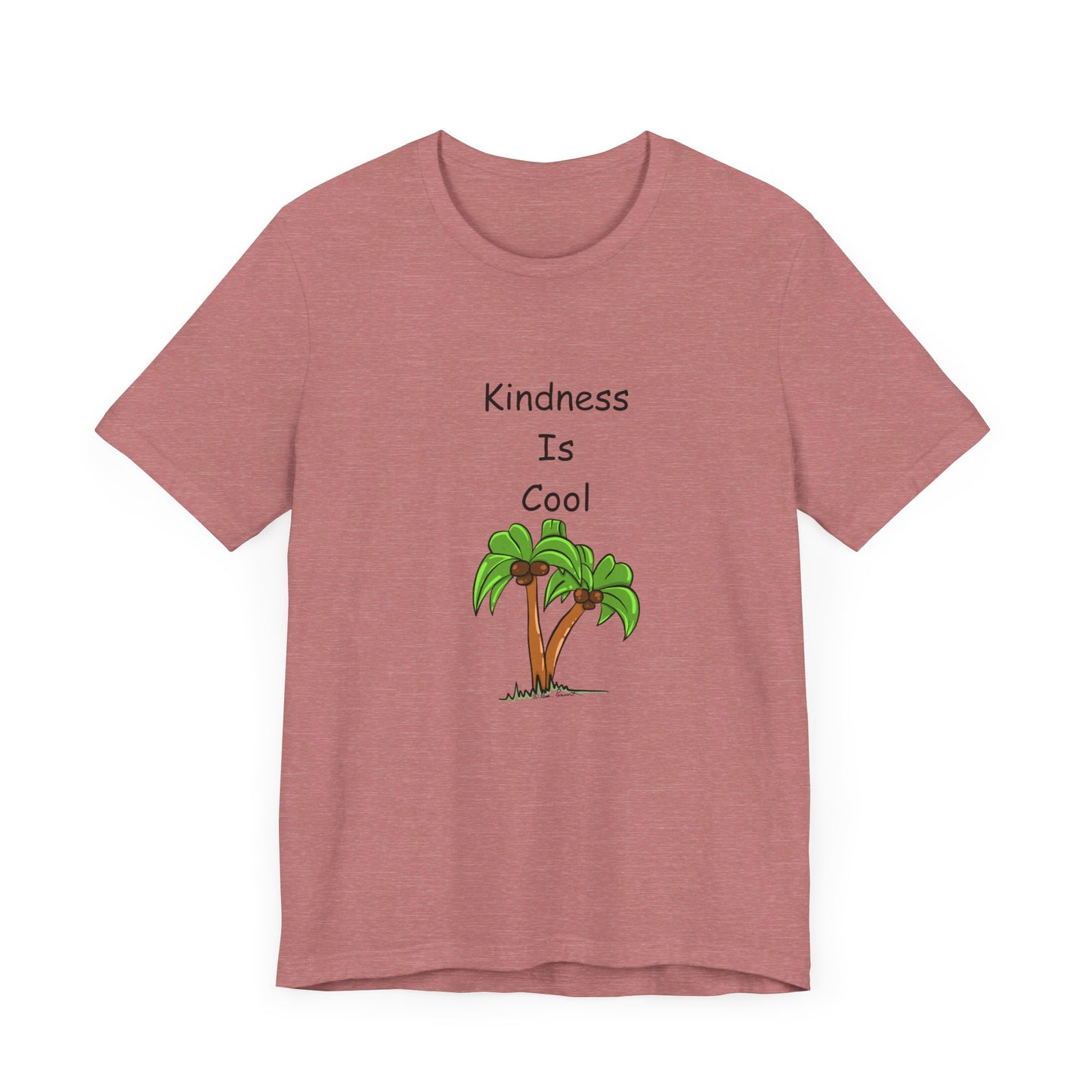 The Unisex Kindness-Is-Cool T-shirt by Printify is crafted from soft cotton jersey and features a printed image of two palm trees with the "Kindness-Is-Cool" message above them.