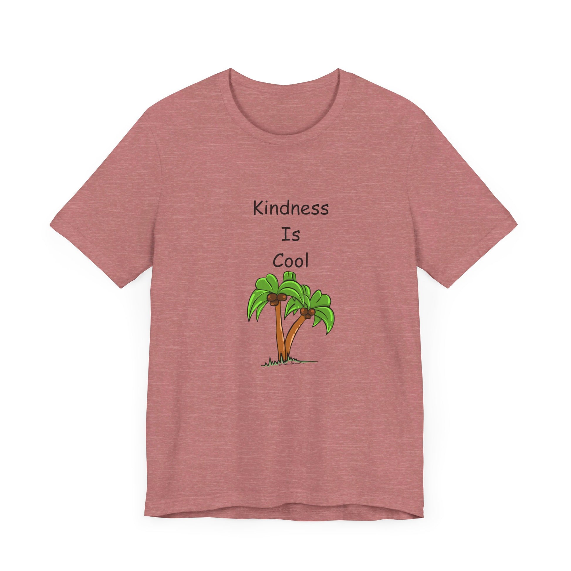 The Unisex Kindness-Is-Cool T-shirt by Printify is crafted from soft cotton jersey and features a printed image of two palm trees with the "Kindness-Is-Cool" message above them.