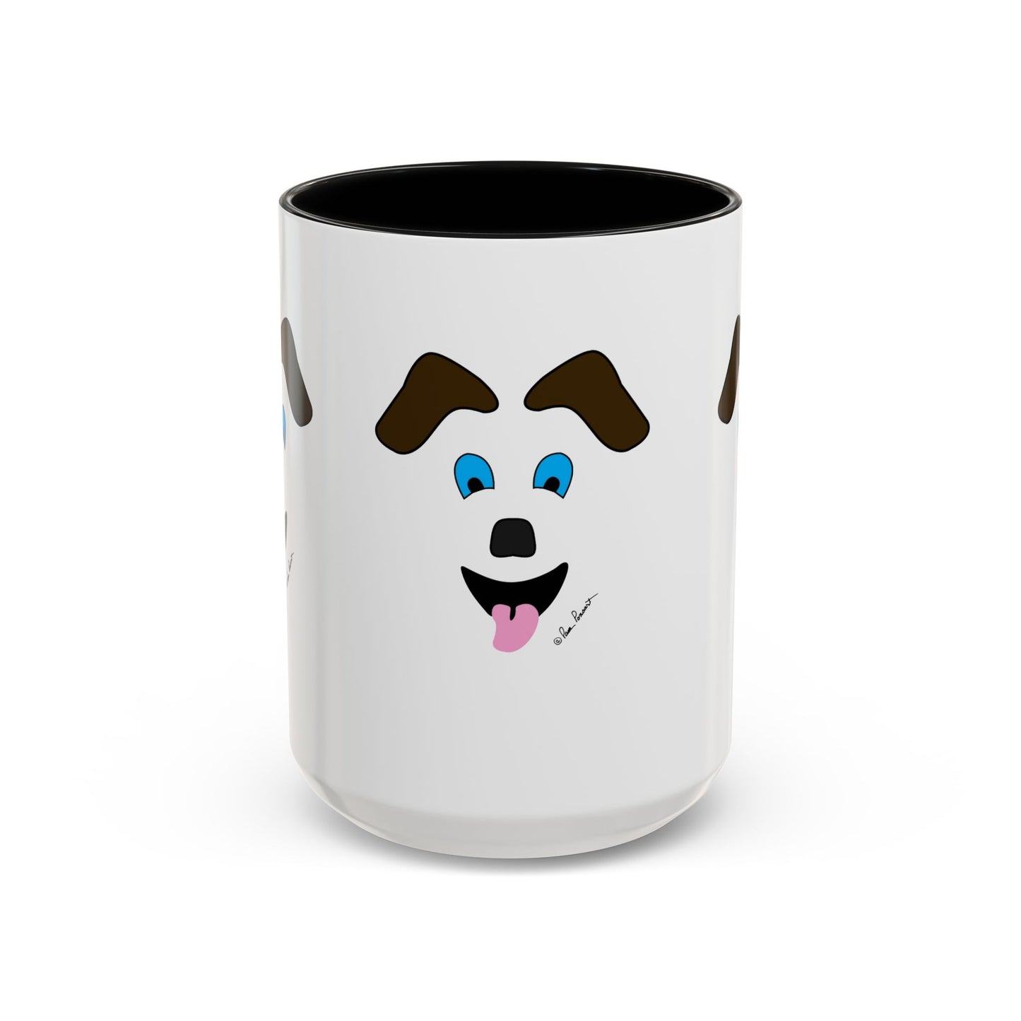 Printify’s Playful Dog-Face Coffee Mug: Ceramic | Fun Pet-Lover Gift features a white mug with a cute cartoon dog face—brown eyebrows, blue eyes, black nose, and pink tongue—perfect for dog lovers’ daily coffee moments.