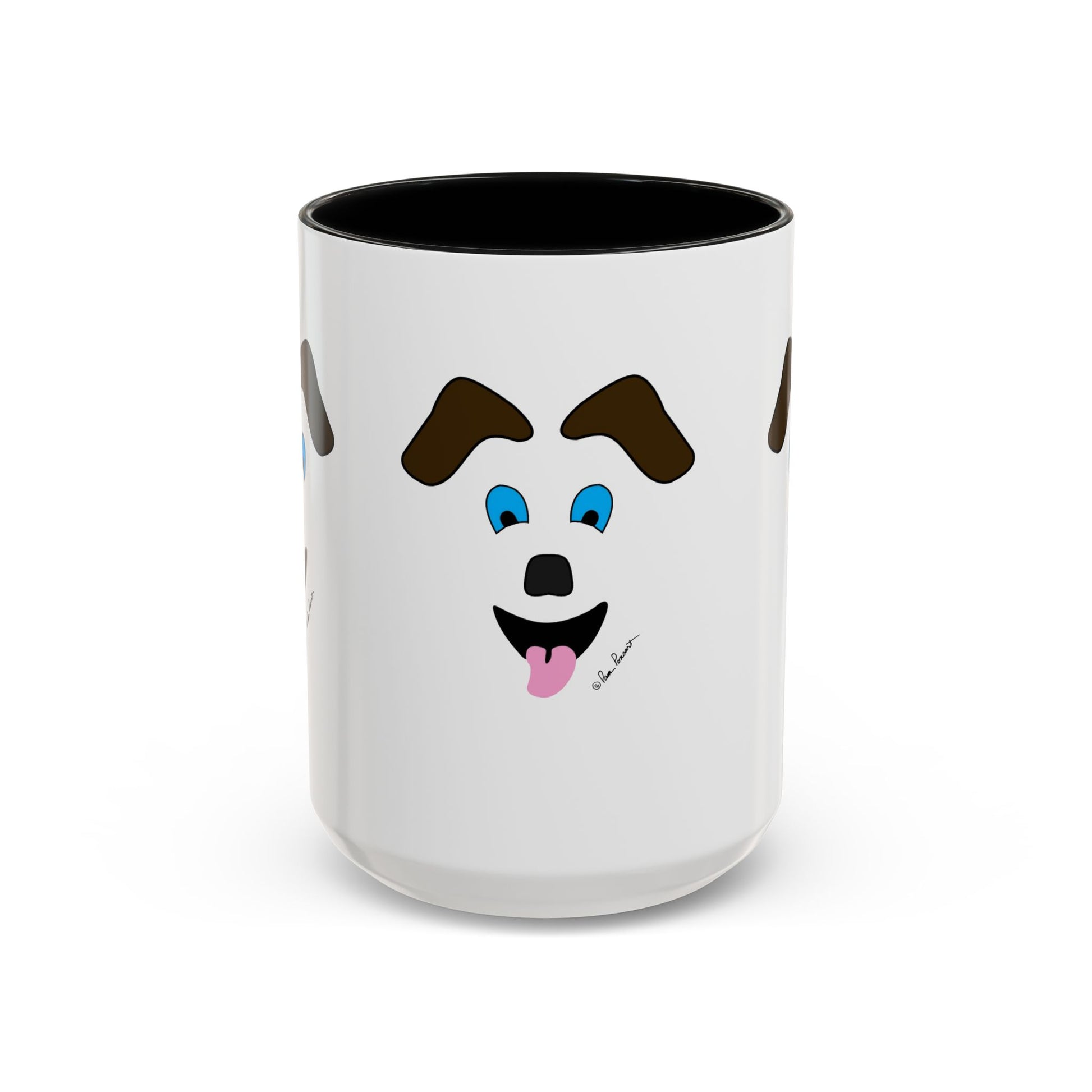 Printify’s Playful Dog-Face Coffee Mug: Ceramic | Fun Pet-Lover Gift features a white mug with a cute cartoon dog face—brown eyebrows, blue eyes, black nose, and pink tongue—perfect for dog lovers’ daily coffee moments.