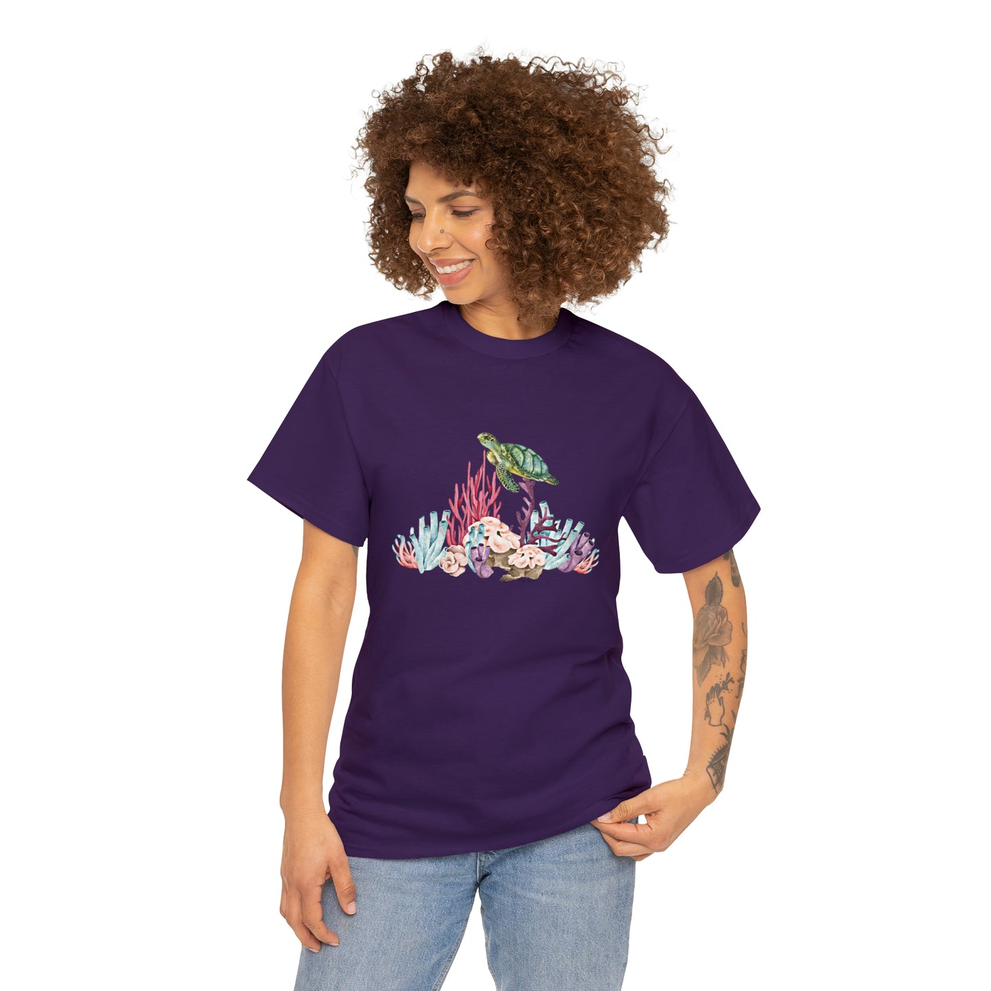 Mock up of a slim woman wearing the Purple shirt