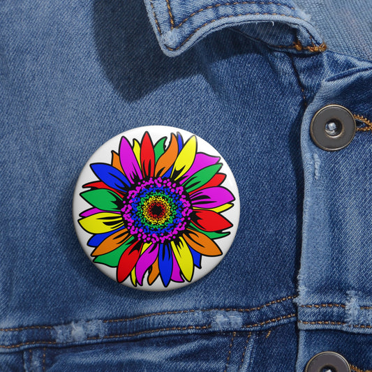 Rainbow Sunflower Buttons: 3 sizes; Pin-back; Metal; Peace