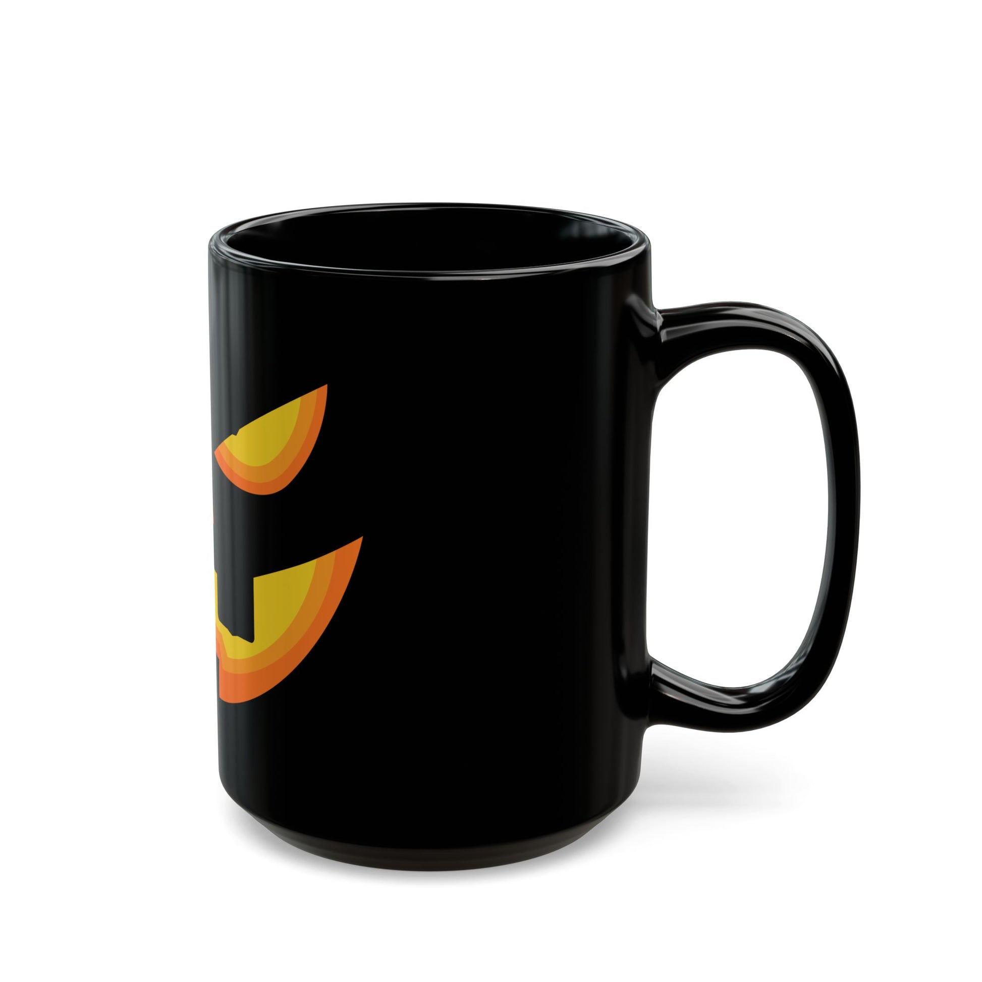 The Printify Halloween Pumpkin Face Mug is a black ceramic spooky mug with an orange and yellow jack-o'-lantern face, perfect for Halloween, shown against a white background.