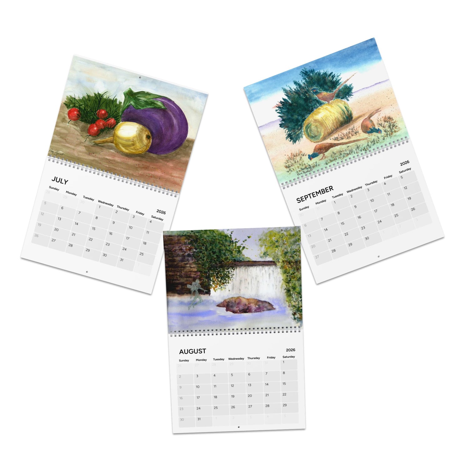 Three calendar pages showing different scenes with vegetables and a landscape.