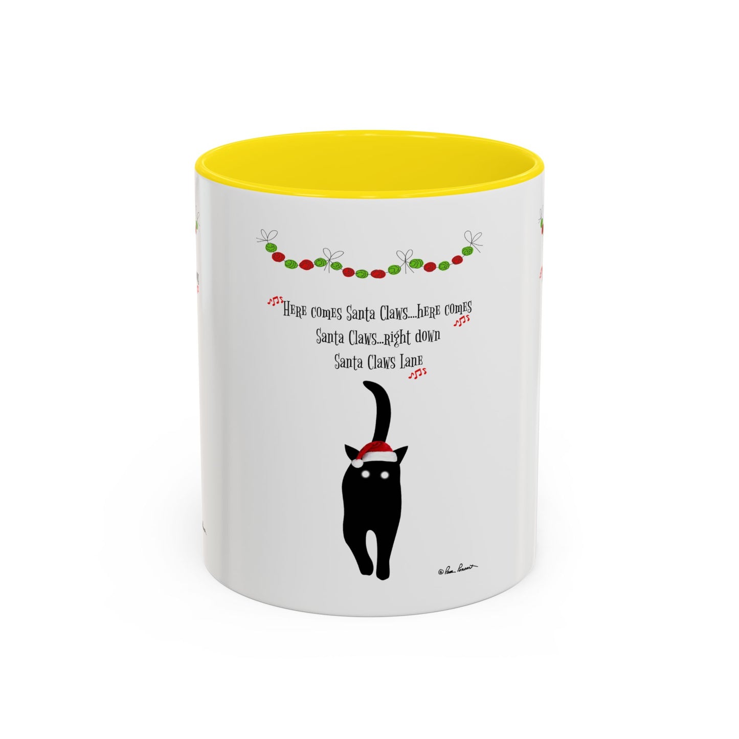 The Printify Festive-Cat Accent Coffee Mug features a white ceramic mug with a yellow interior and a black cat in a Santa hat, Christmas garland, and the phrase "Here comes Santa Claws." A perfect holiday gift for cat lovers!.