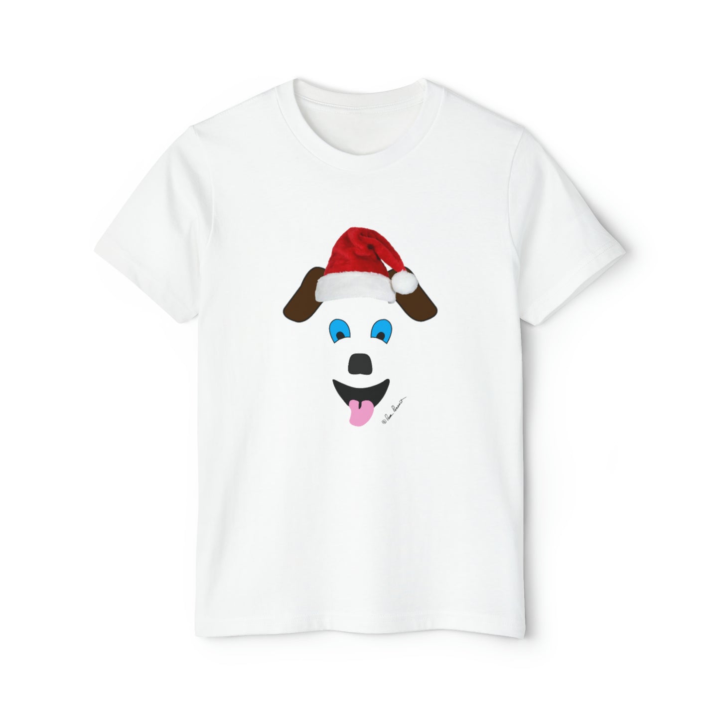 A white t-shirt featuring a dog face, perfect for any Unisex Youth Holiday Pajamas; 4 sizes; 2-pc. set; Cotton from Printify.