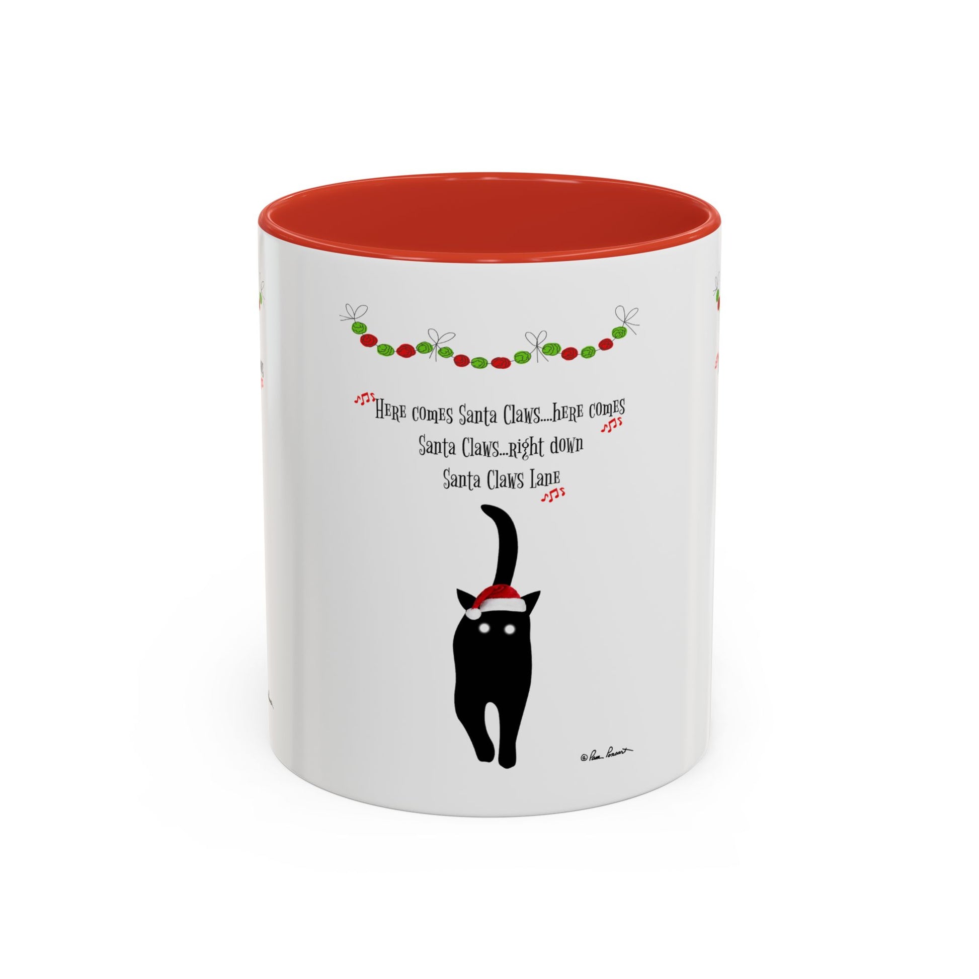 The Printify Festive-Cat Accent Coffee Mug features a black cat in a Santa hat, festive garland, and "Here comes Santa Claus" text—an ideal holiday gift for cat lovers.
