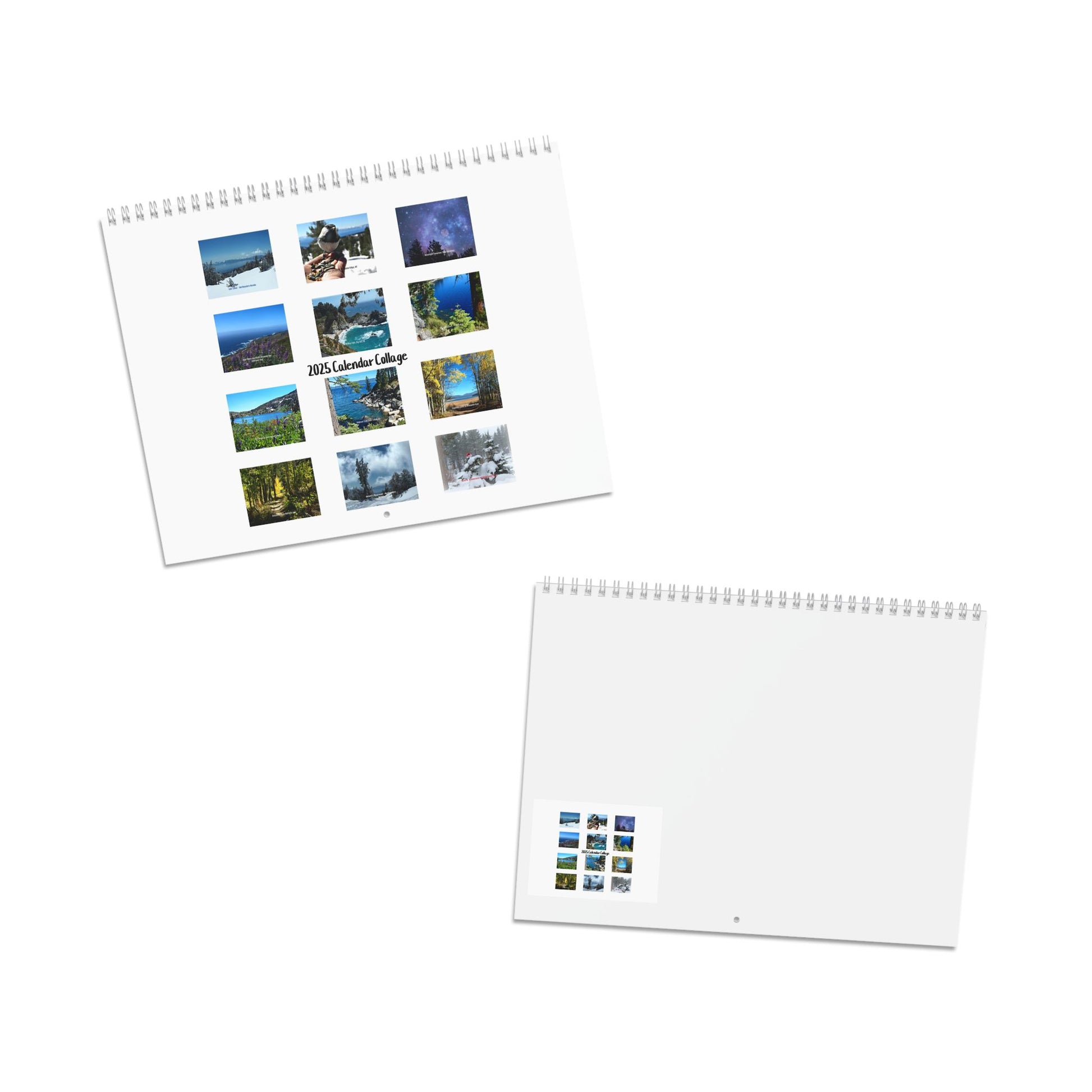 A pair of wall calendars includes the "2025 Scenic Wall Calendar" by Printify, featuring vibrant landscape images for 12 months, while the other is mostly blank; both offer photo thumbnails on the back.