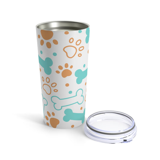 A Printify dog lover tumbler with dog paw prints and a lid, crafted from stainless steel.