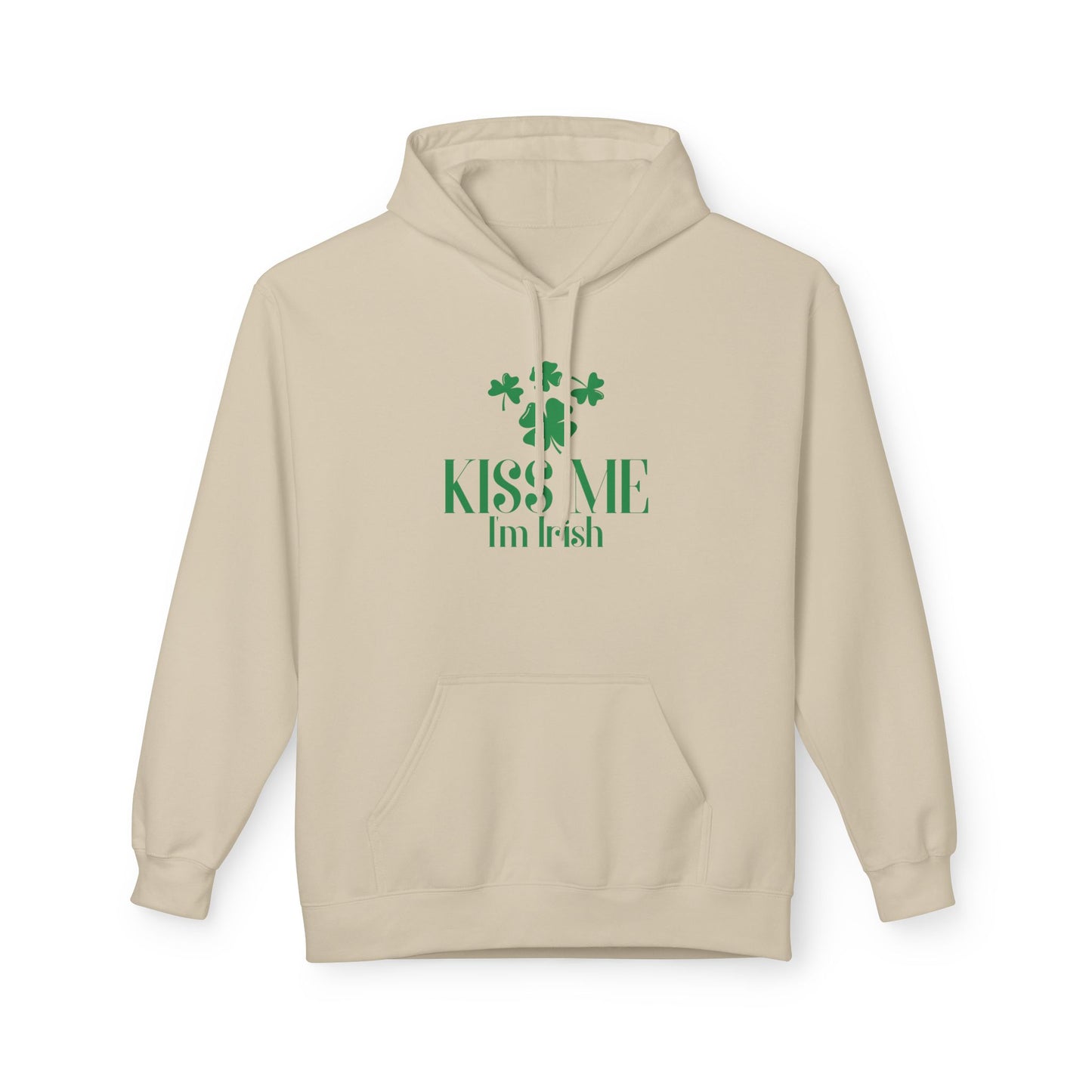 The Printify Kiss-Me I'm Irish Hoodie: St. Patricks Day Shamrock Pullover features green text and a shamrock design—an ideal choice to show off your Irish pride this St. Patrick's Day.