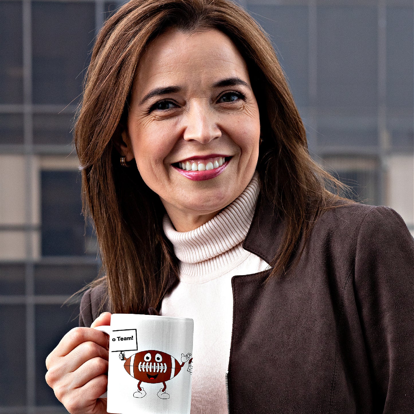 Mock up of a smiling adult woman holding the mug