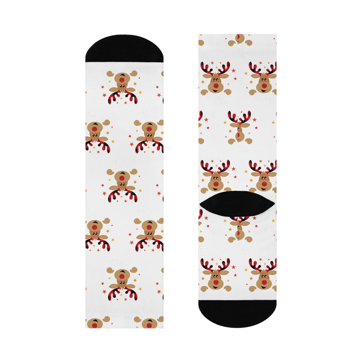 Printify's Festive Reindeer Crew-Socks are unisex socks featuring white fabric adorned with cartoon reindeer faces complete with antlers and red noses. They are sprinkled with small red and yellow stars for holiday cheer. These cushioned socks provide extra comfort, complemented by black cuffs, heels, and toes.