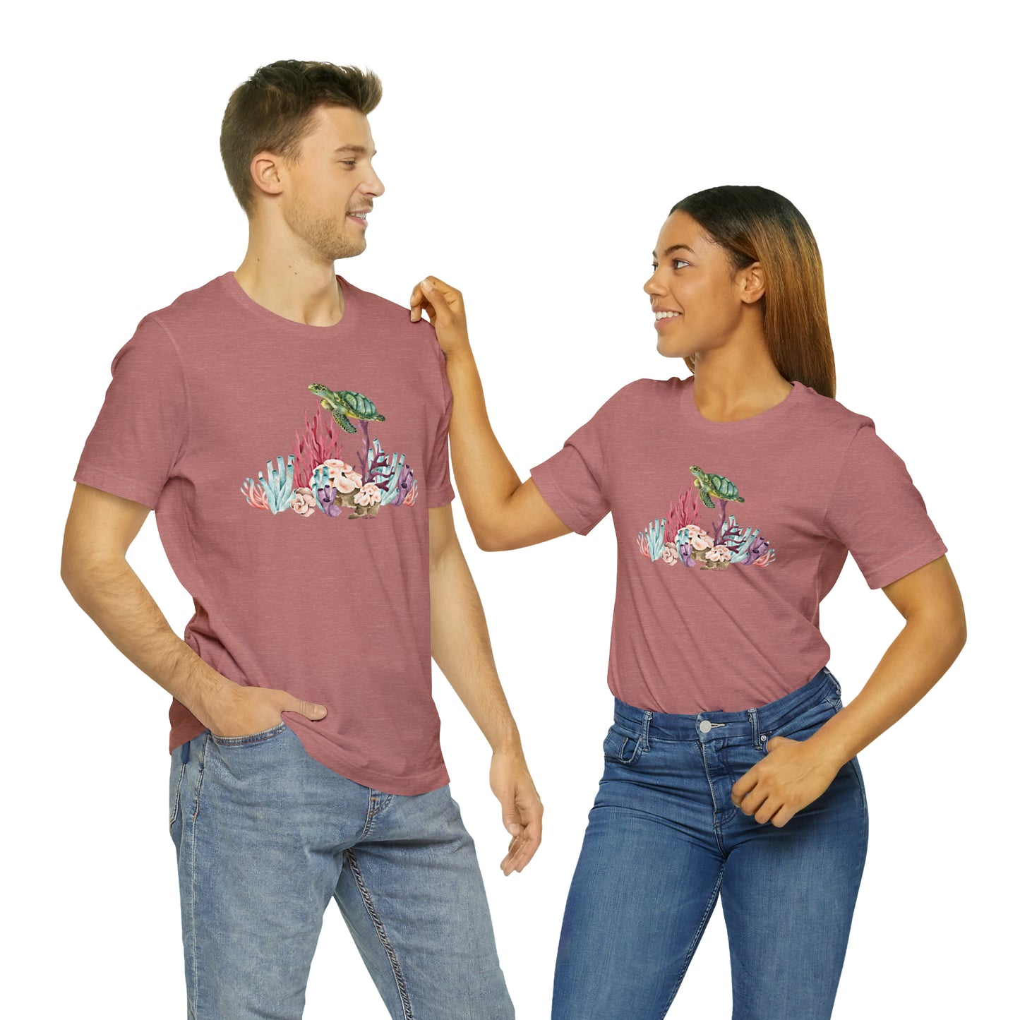 Mock up of a man and a woman wearing the mauve shirt