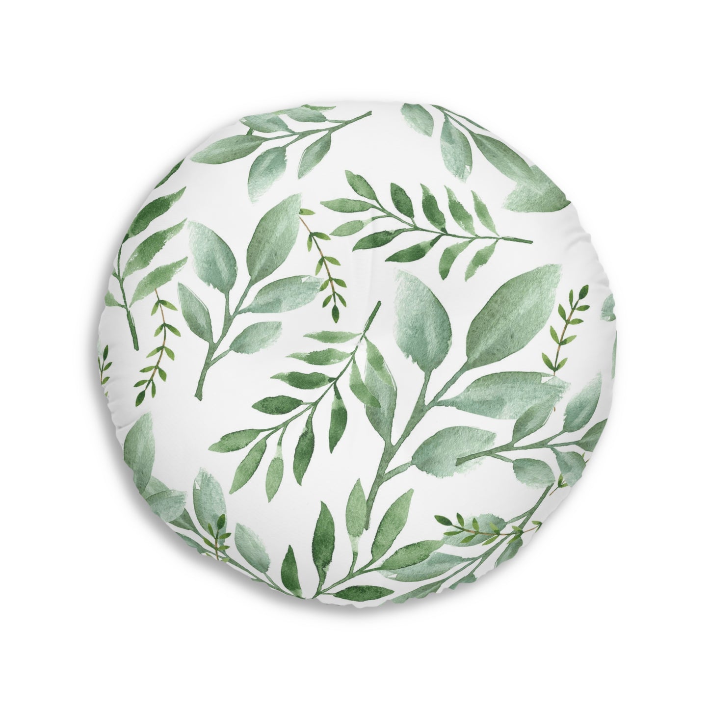 A Printify round tufted floor-pillow with a green botanical design.