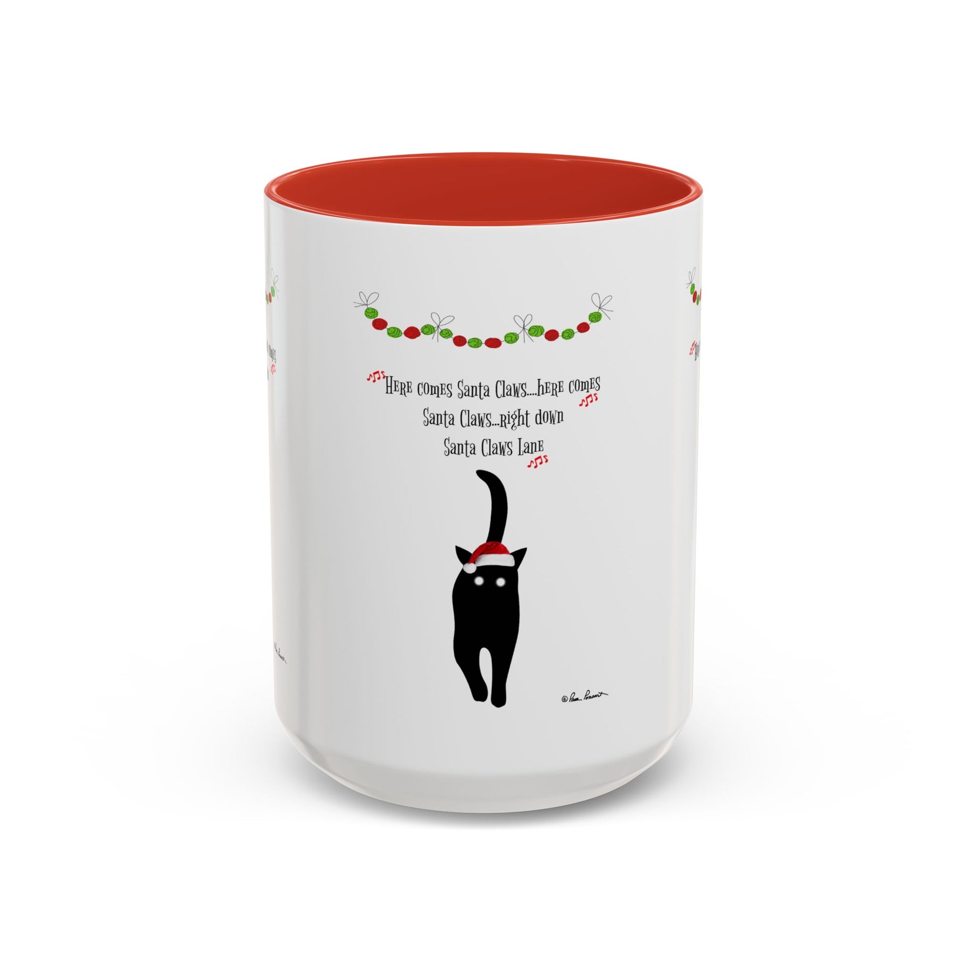 The Festive-Cat Accent Coffee Mug by Printify features a black cat in a Santa hat with "Here comes Santa Claus..."—a white ceramic holiday mug with red interior, perfect holiday gift for cat lovers.