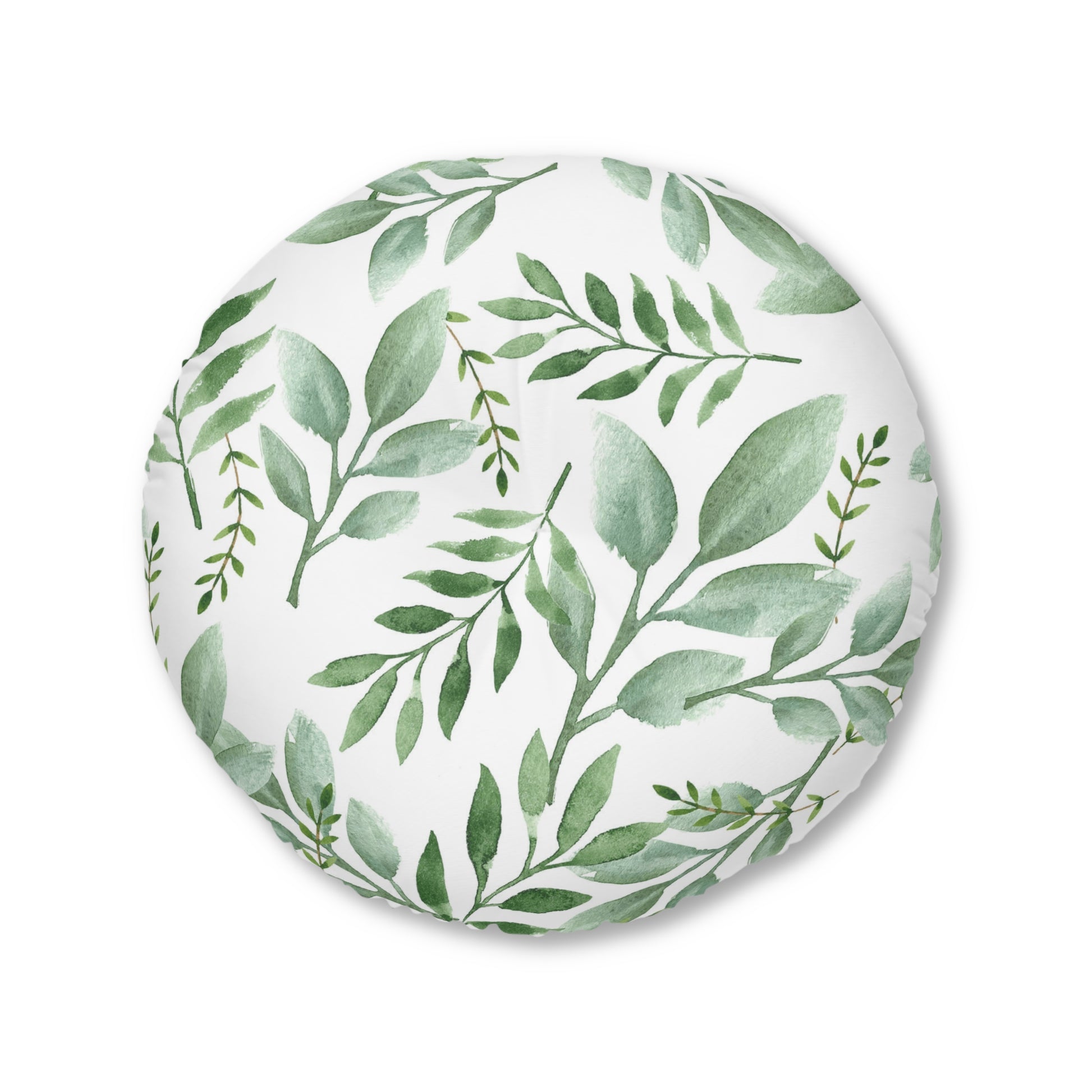 Printify's Botanical Round Tufted Floor-Pillow with a green botanical design on a white background is available in 2 sizes and made of polyester.