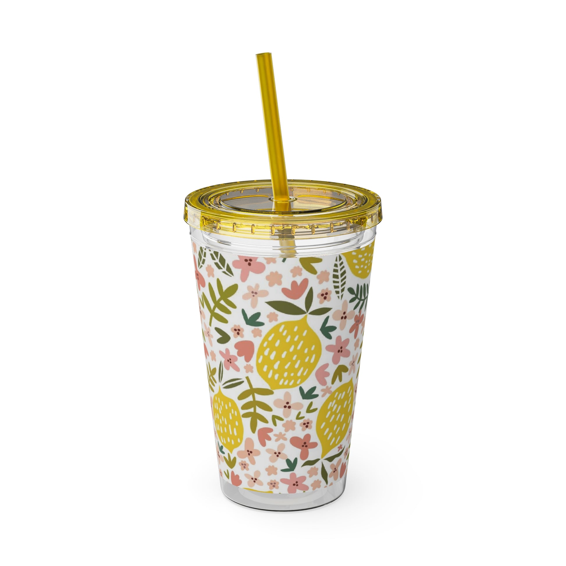 A Pink Lemons tumbler with a straw and floral pattern.