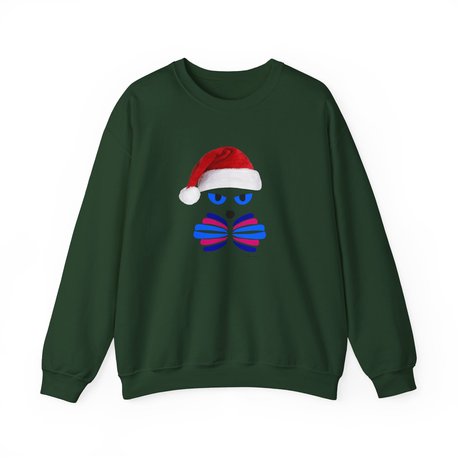 The Santa Cat Sweatshirt by Printify is a dark green unisex crewneck featuring a blue stylized cat face with a red Santa hat and blue-purple bow tie—perfect for festive, fun holiday style.