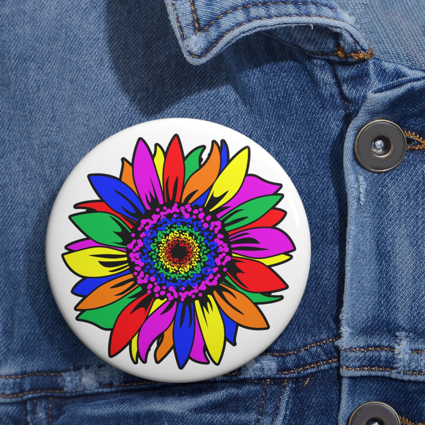 Rainbow Sunflower Buttons: 3 sizes; Pin-back; Metal; Peace