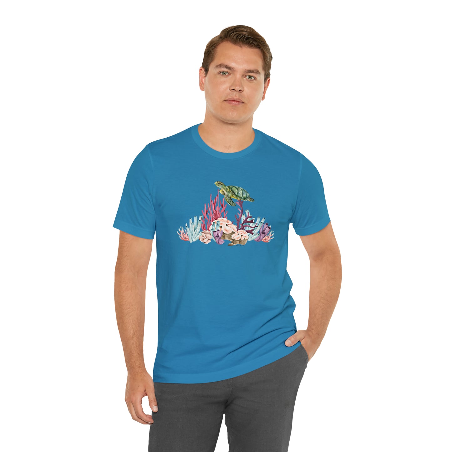 Mock up of a man wearing the aqua shirt