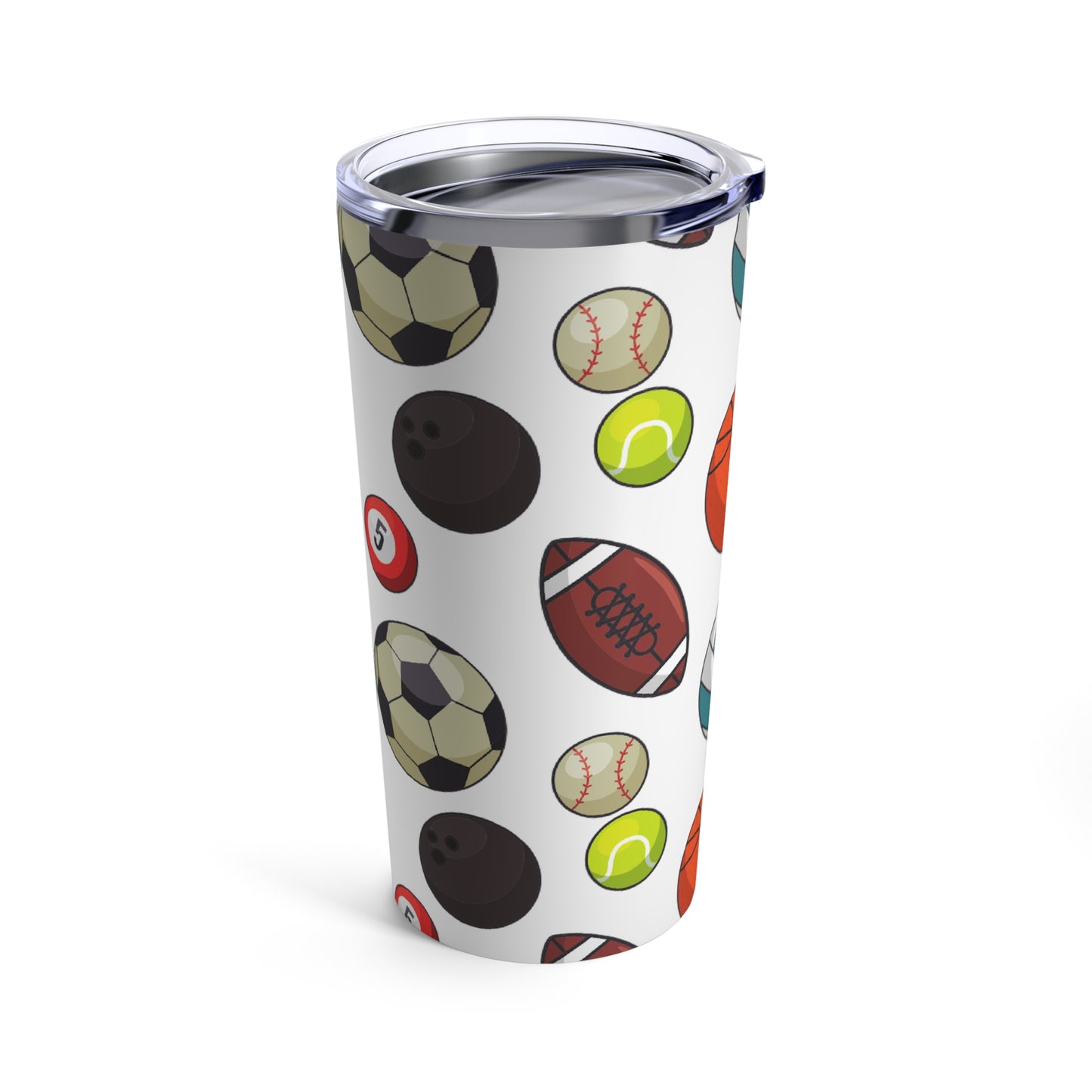 A white stainless steel Printify Sport Balls Tumbler with a variety of sports balls on it.