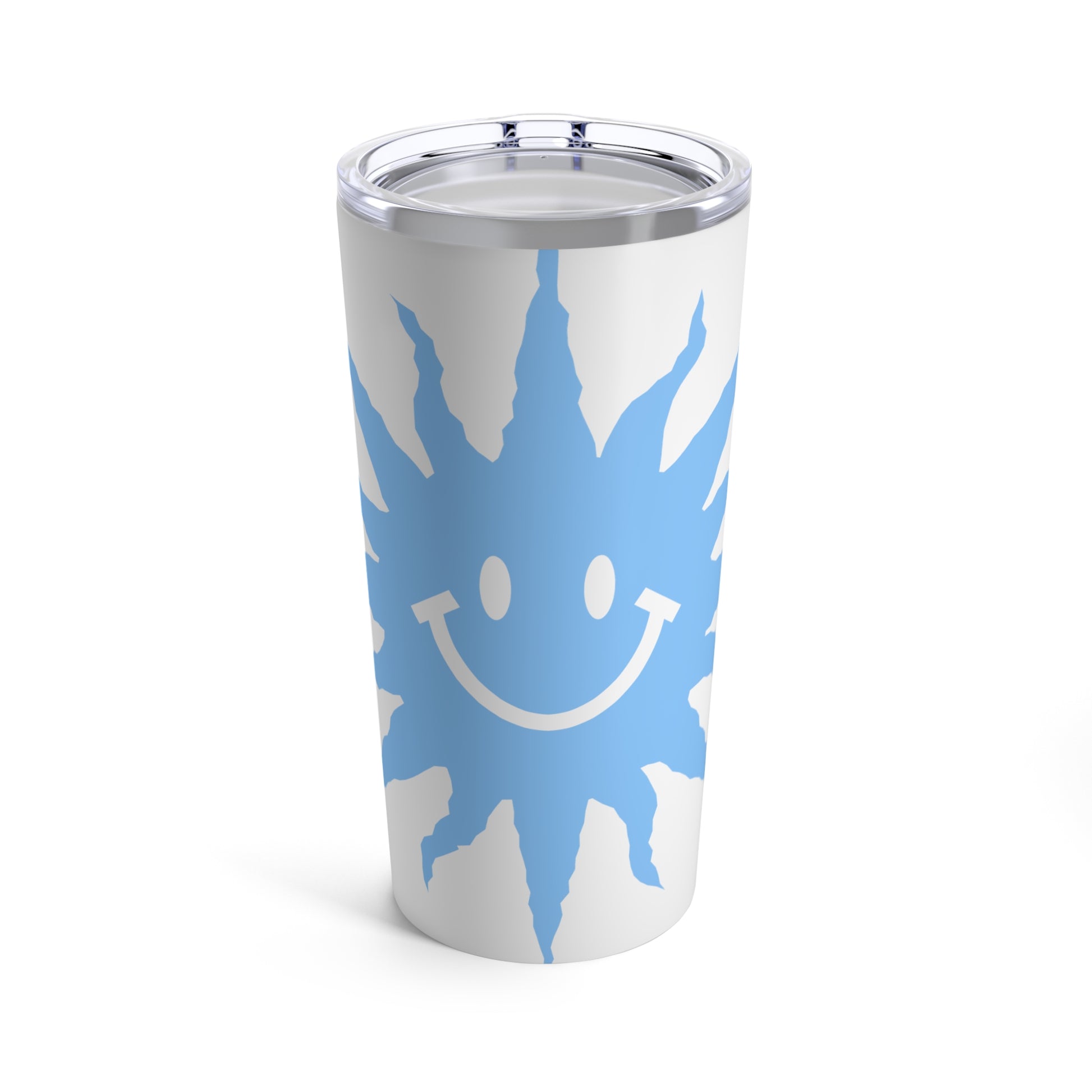An insulated Printify Blue Happy-Face Tumbler: 20 oz.; Stainless steel