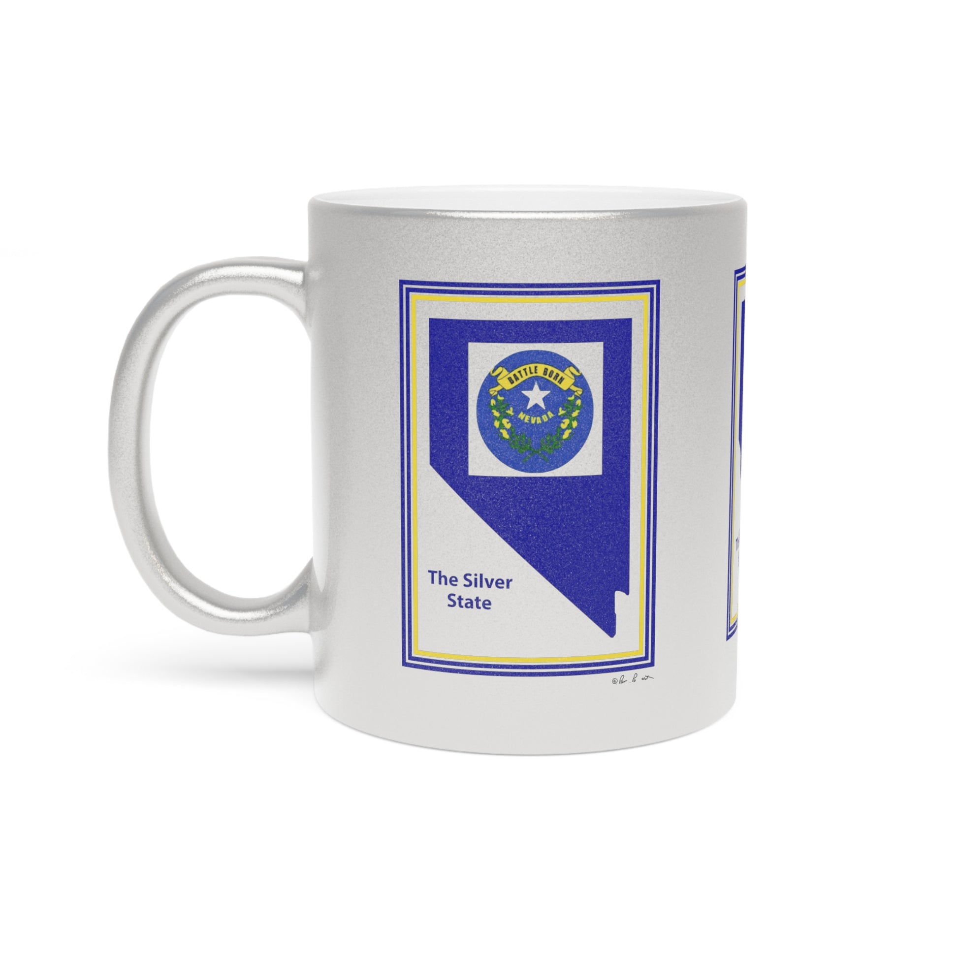 The Printify Silver Metallic Mug: 11 oz., Ceramic, Nevada Celebration features a contemporary sleek design with Nevada's state flag and the words "The Silver State" elegantly combined with an outline of the state. This ideal Nevada gift embodies elegance in every detail.