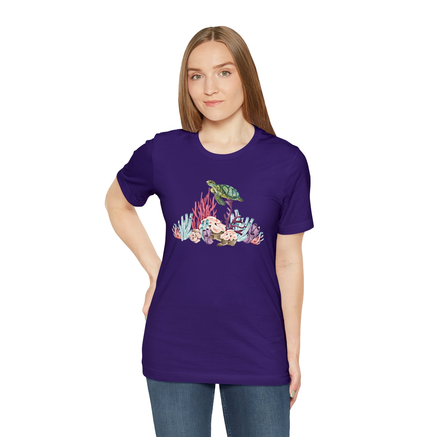 Mock up of a slim woman wearing the purple shirt