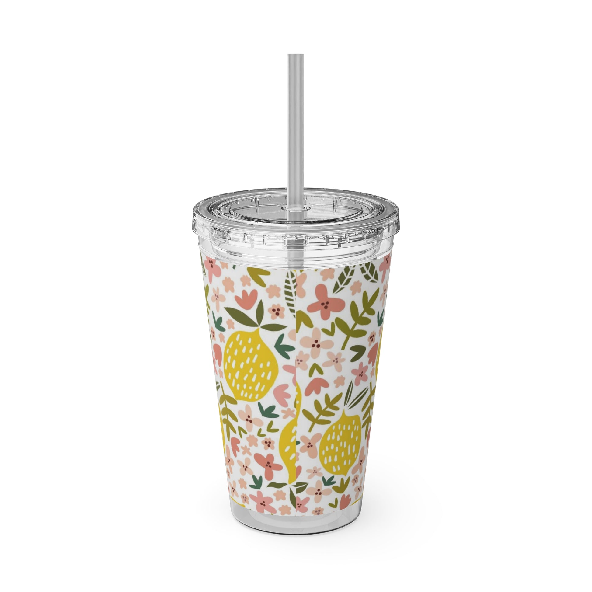 A Pink Lemons Tumbler with a straw and floral pattern.