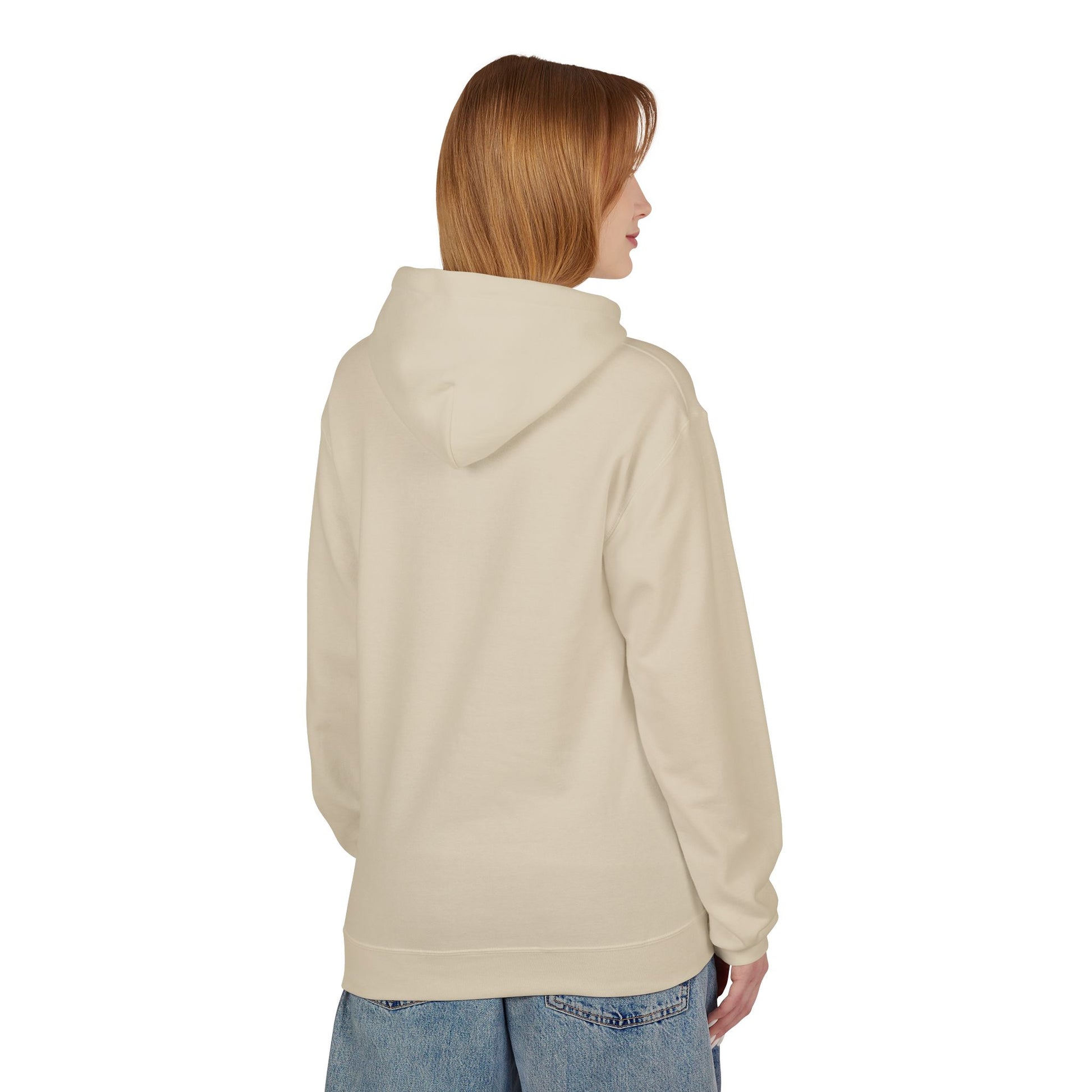 A person with straight, light brown hair is seen from the back wearing a cream-colored Printify "Kiss-Me I'm Irish Hoodie: St. Patricks Day Shamrock Pullover" and blue jeans, set against a plain background.